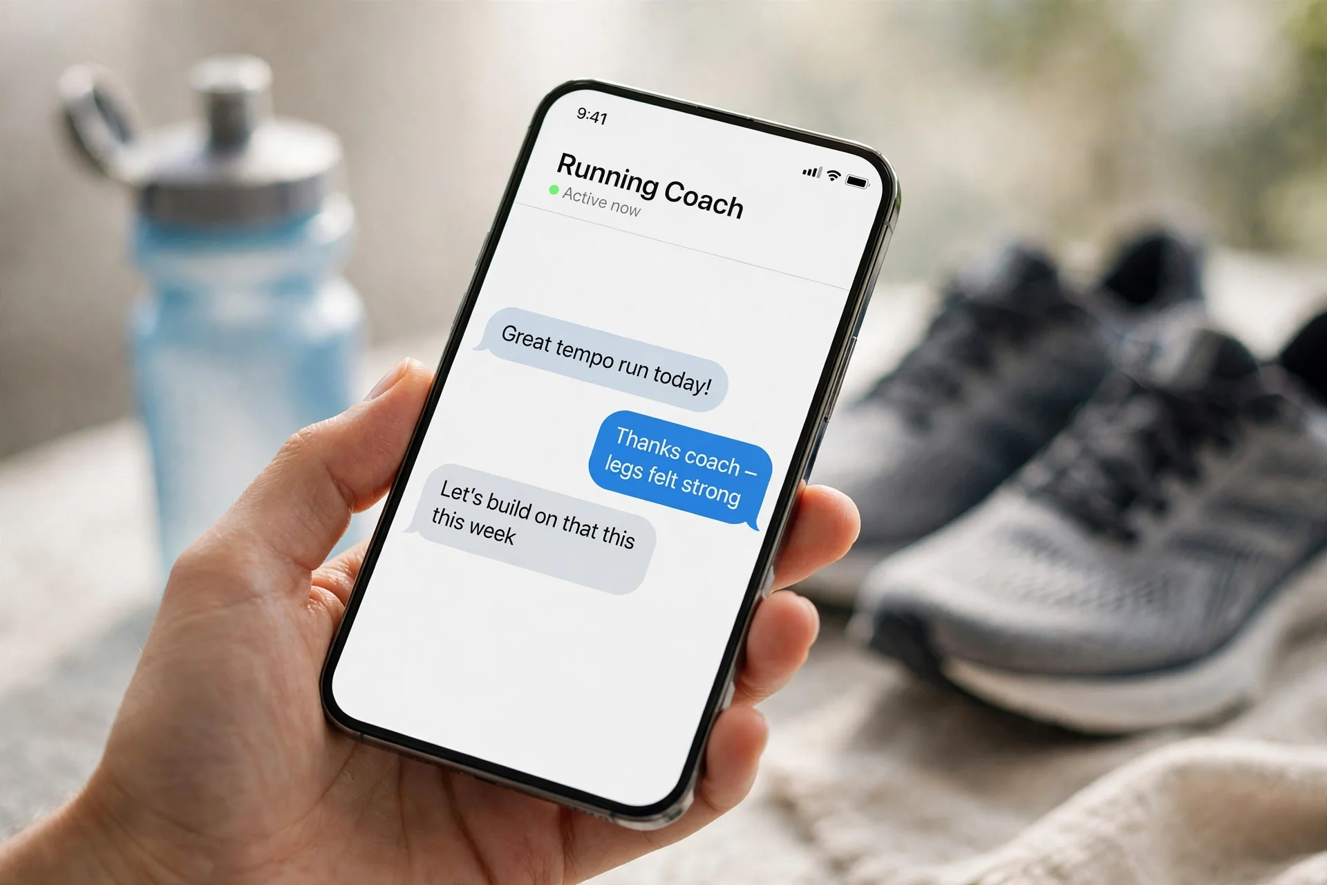 Smartphone showing a text message conversation with a running coach about training and race preparation.