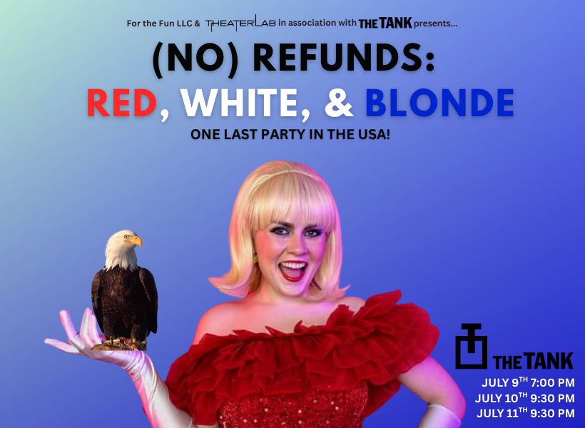 (No) Refunds: Red, White, and Blonde poster in which Tiffany Gold holds an eagle in her right hand.