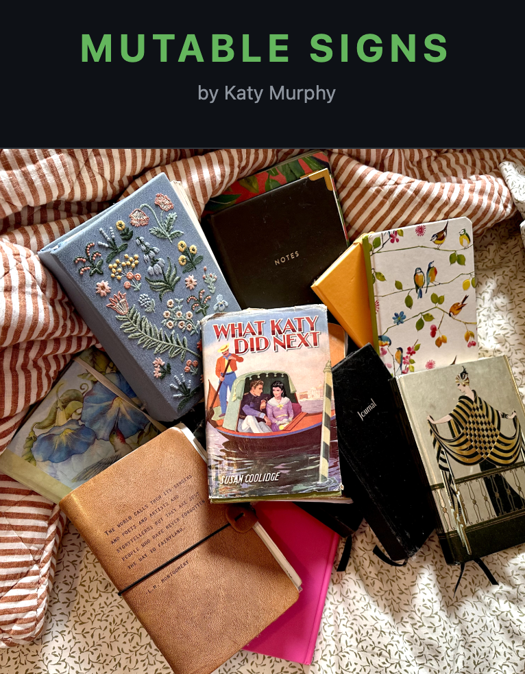 An image of a bunch of diaries laid out on a bed, with the title "Mutable Signs" by Katy Murphy in text above