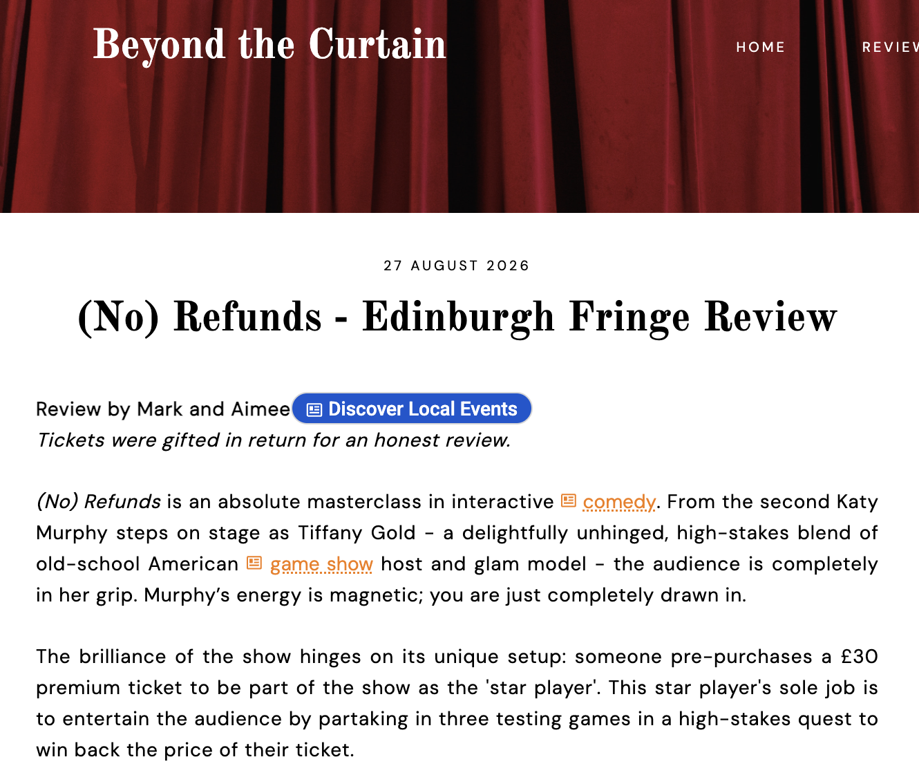 A Screenshot of Beyond the Curtain Review of (No) Refunds by Katy Murphy. There is a red curtain, behind white text that reads, "Beyond the Curtain." The review is by Mark and Aimee, and they all (No) Refunds "an absolute masterclass"