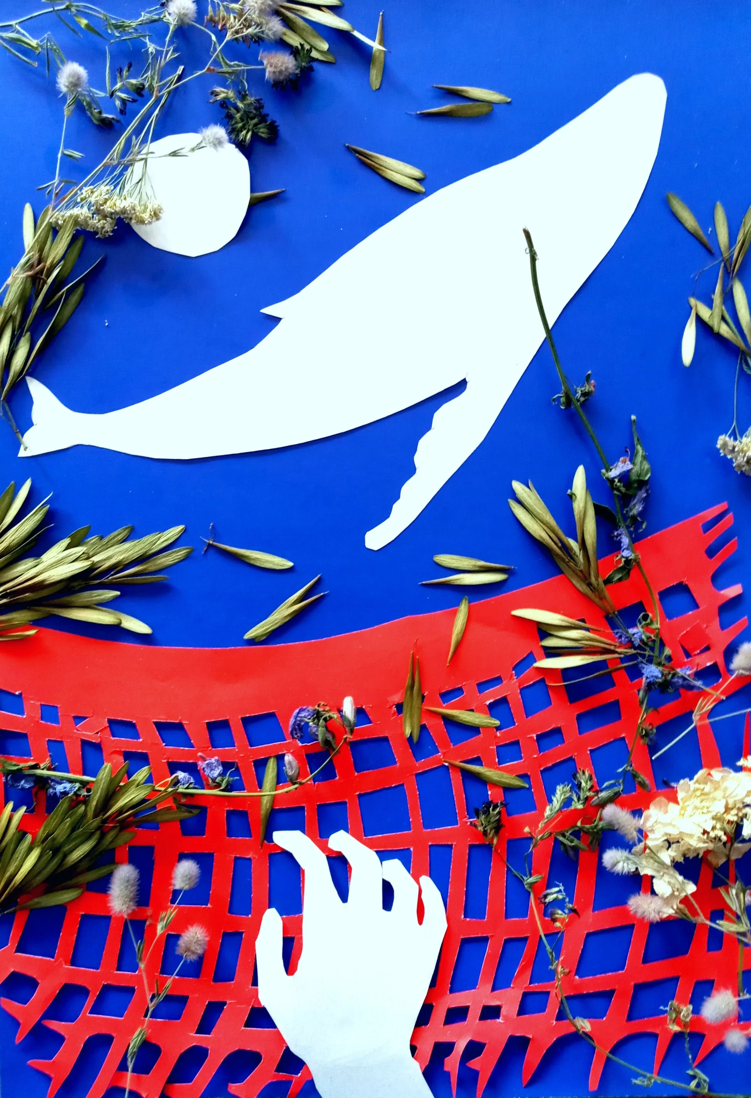a paper and natural flower art piece featuring a hand reaching up towards a net about to capture a fish