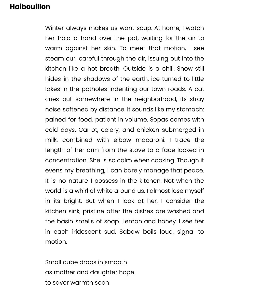 Haibouillon poem by Bethany Rose Datuin