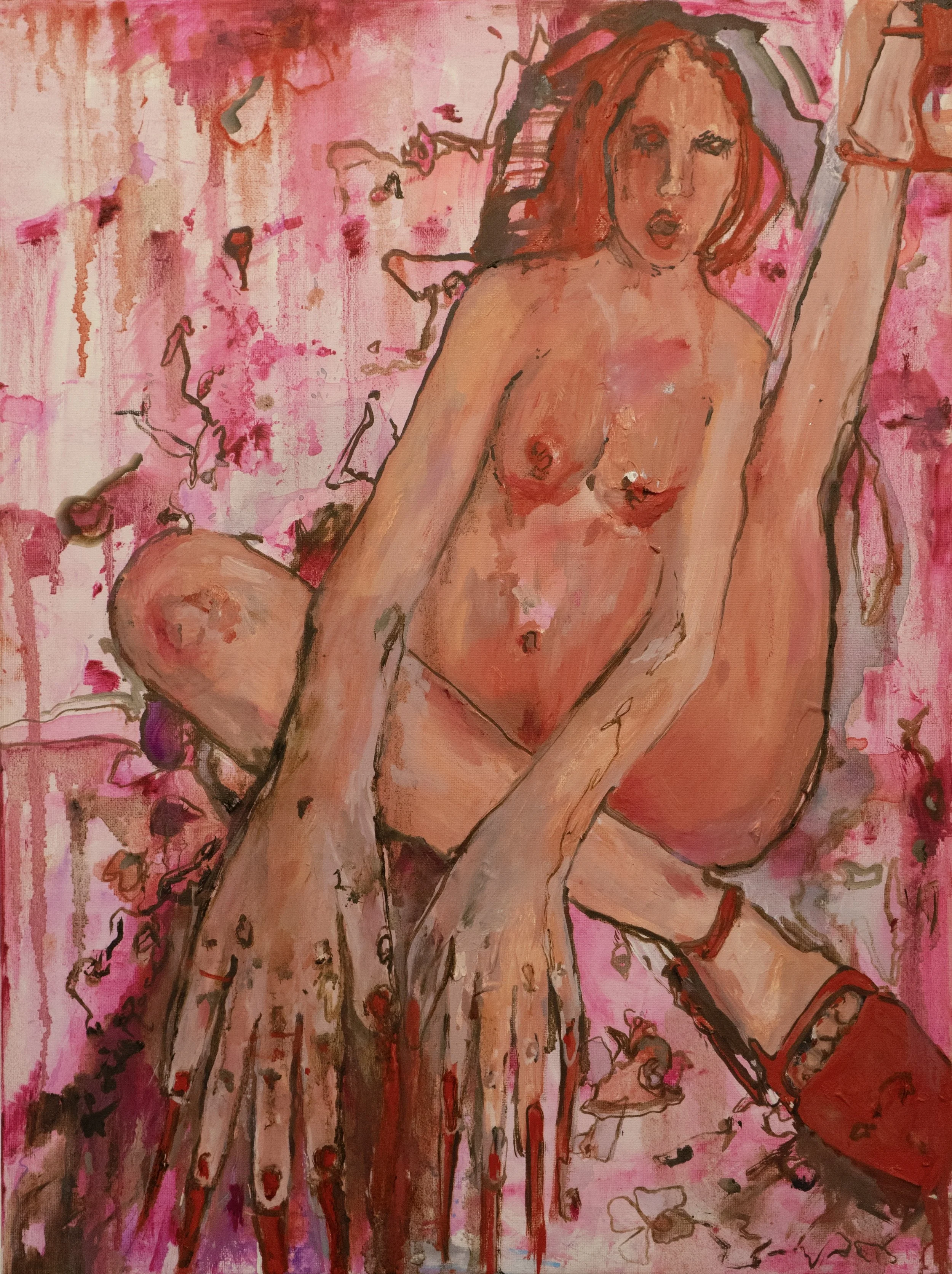 A painting of a naked woman displaying her long, red nails in a pink color palette