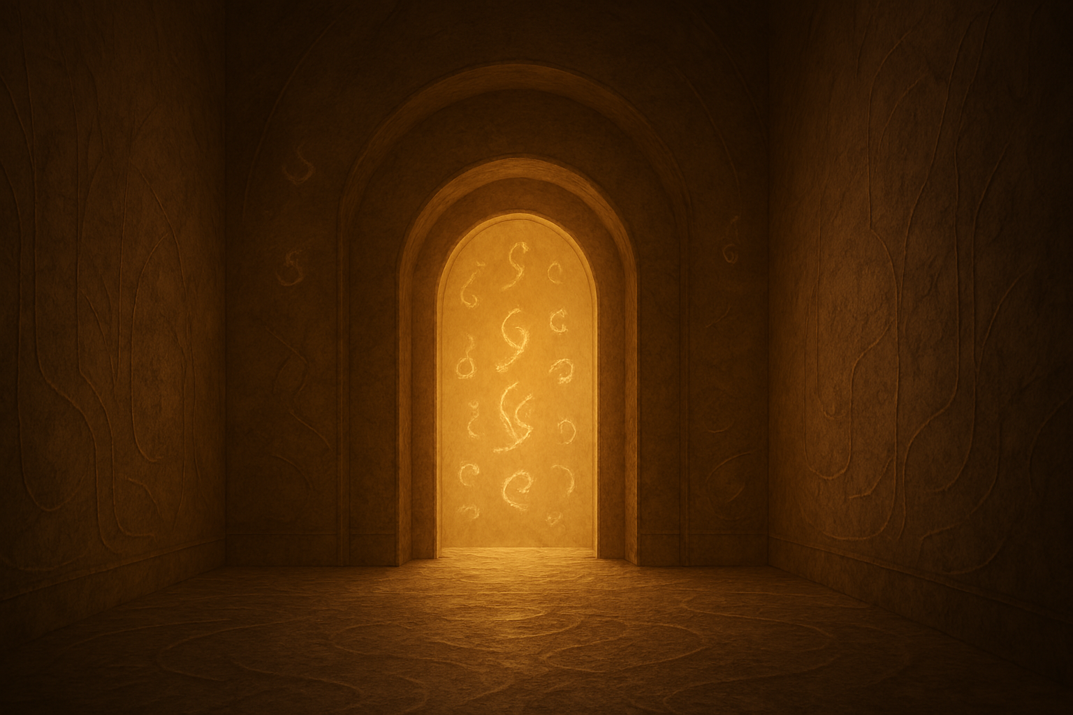 Dimly lit hallway with an arched glowing doorway, ornate patterns on walls and floor.