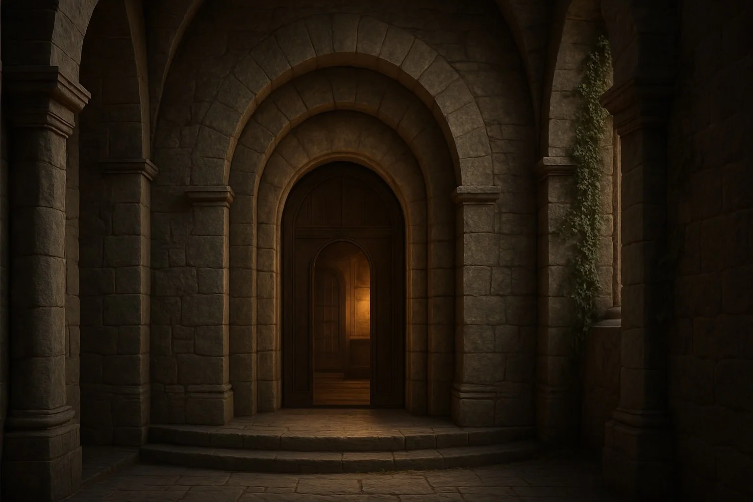 Stone archway with warm interior light and creeping ivy