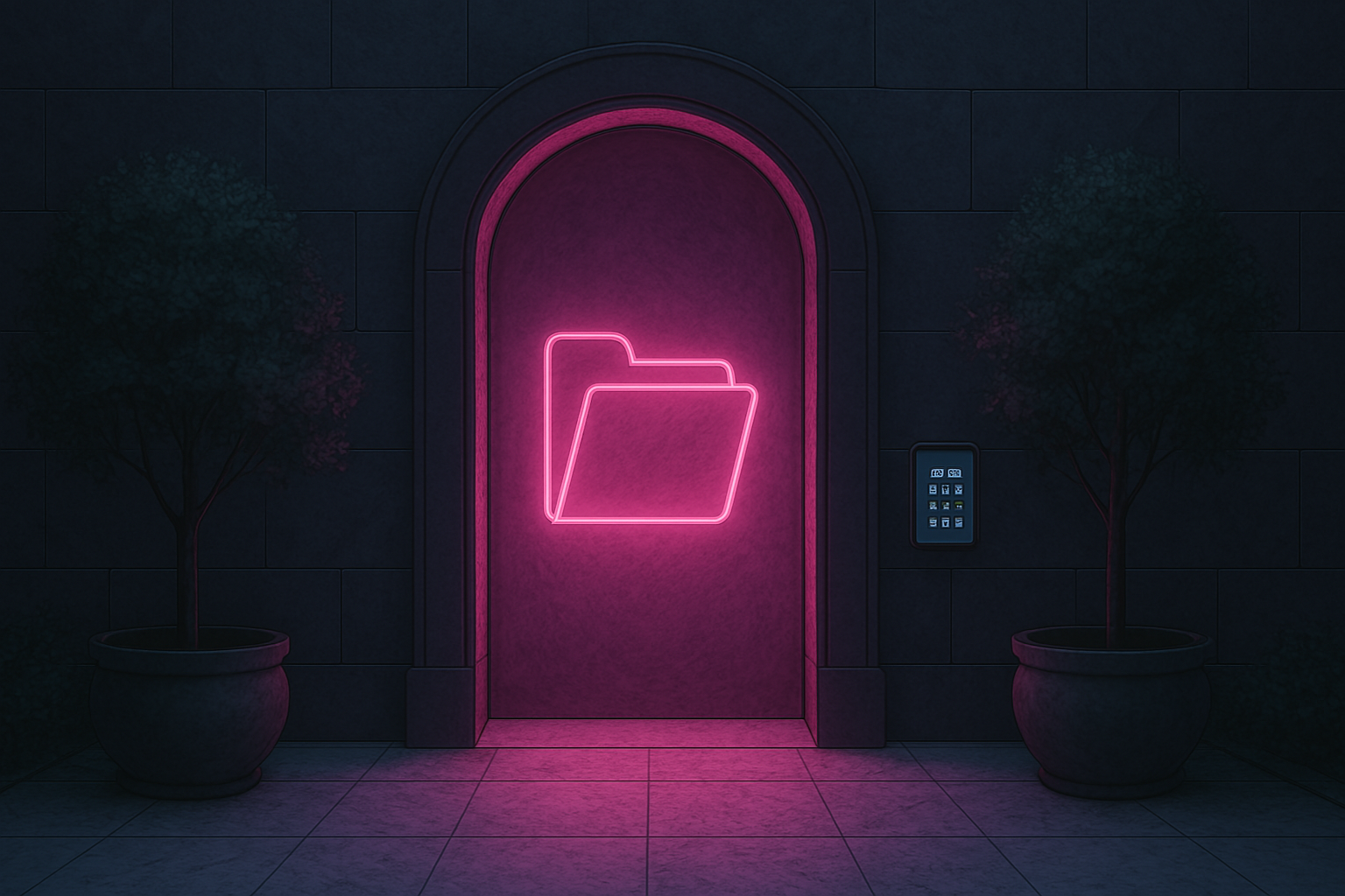 Neon pink folder icon on a door, flanked by two potted plants and a keypad.