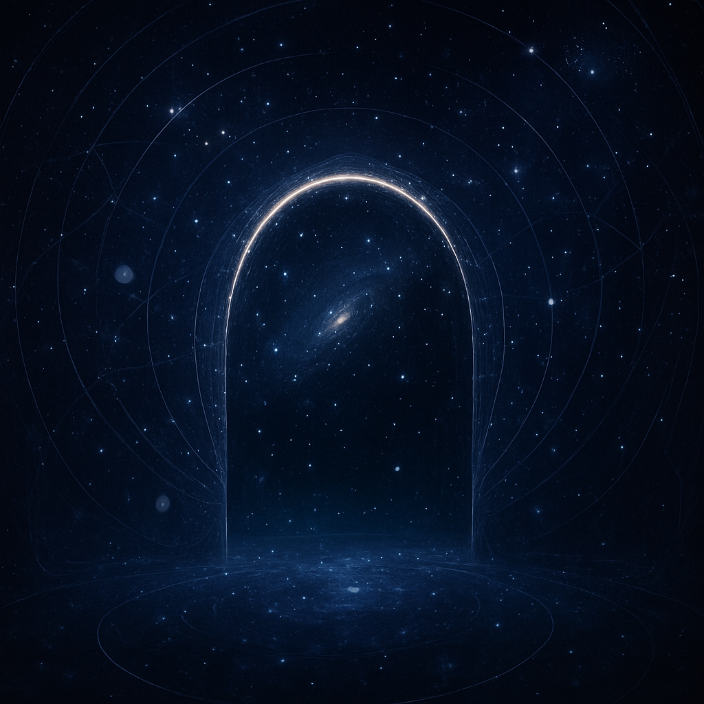 Mystical cosmic portal with starry night sky and galaxy background