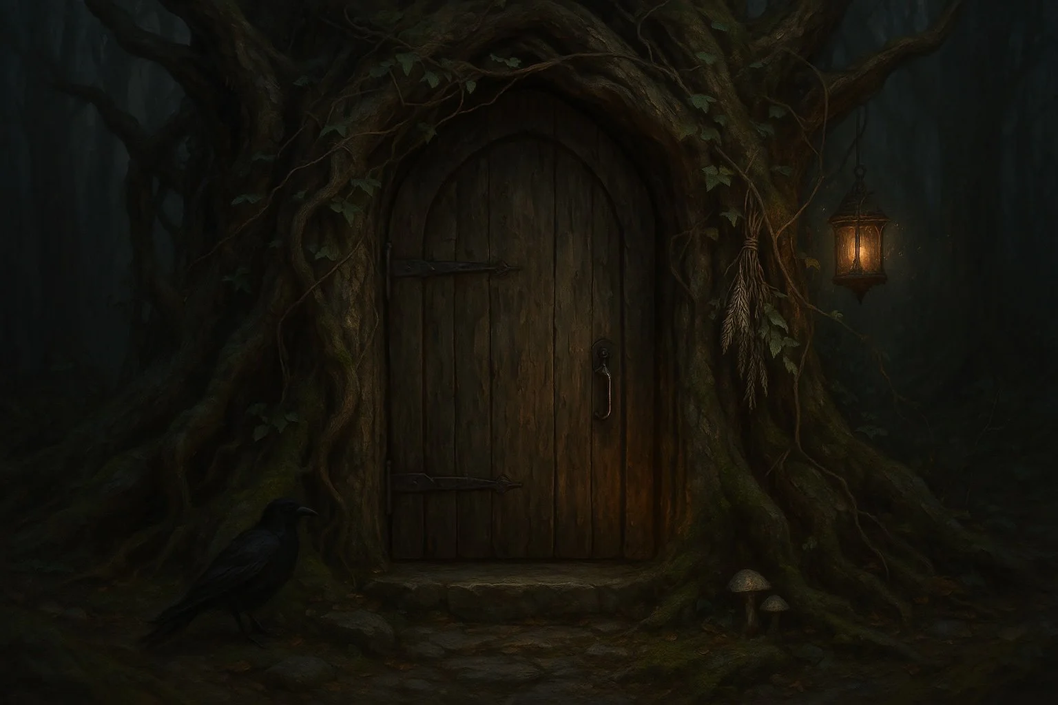 Rustic wooden door set in a tree, surrounded by twisted roots and ivy, with a glowing lantern hanging beside it in a dark, forest setting. A crow is perched nearby.