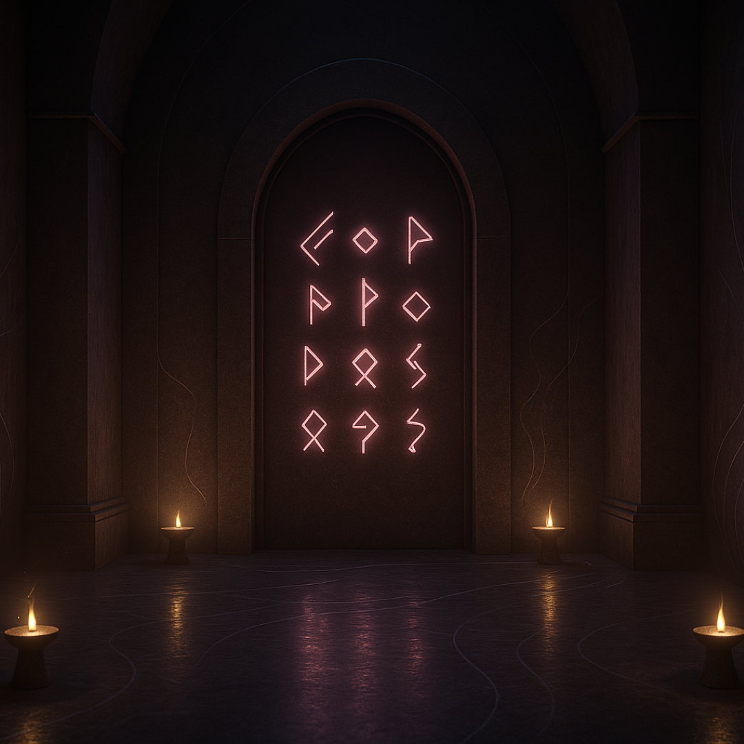 Dimly lit room with glowing neon symbols and candles