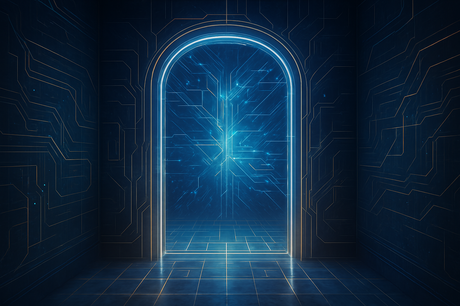 Futuristic glowing doorway with blue digital circuit patterns.