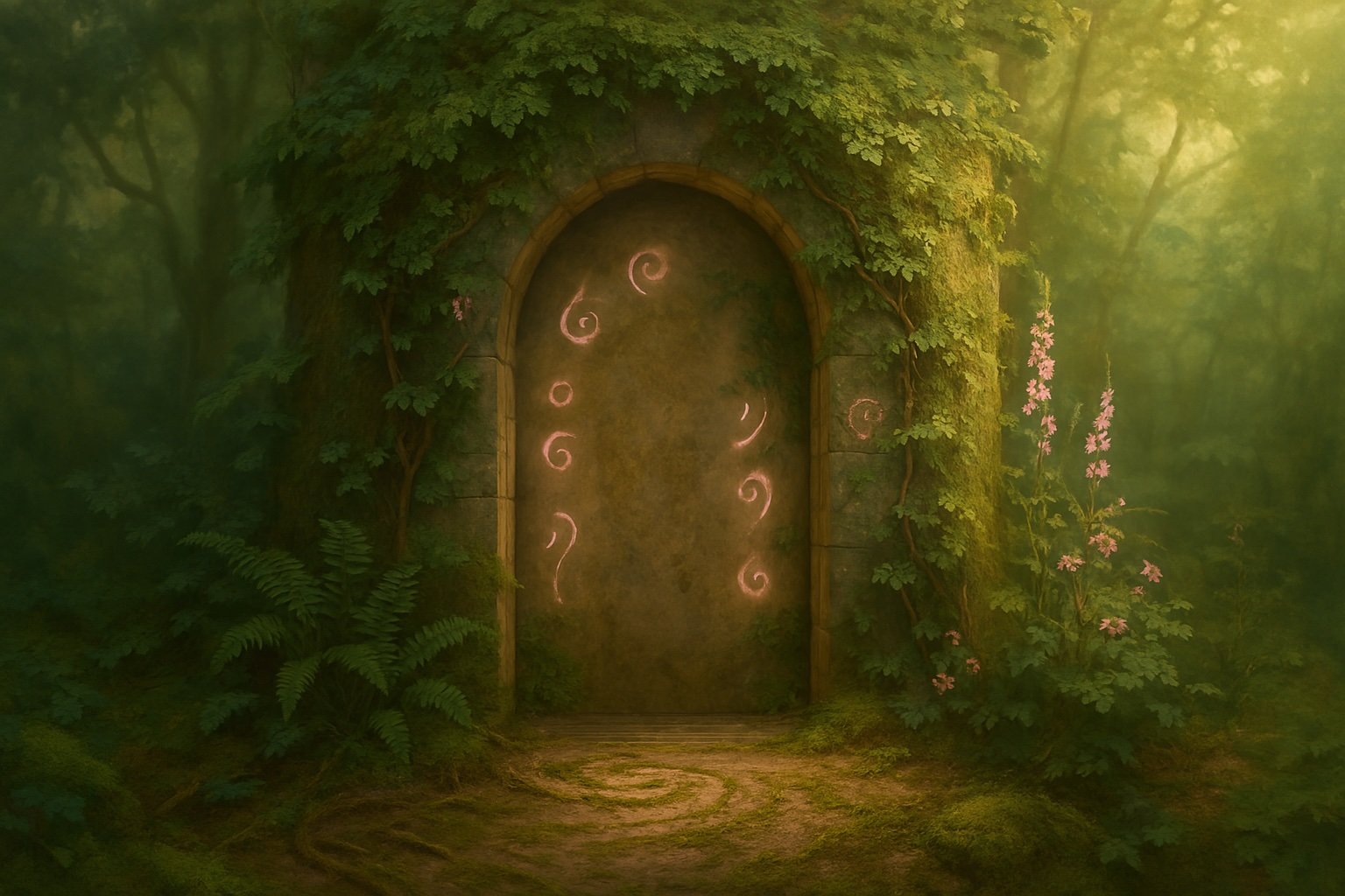 Mysterious forest door with glowing symbols, surrounded by greenery and pink flowers.
