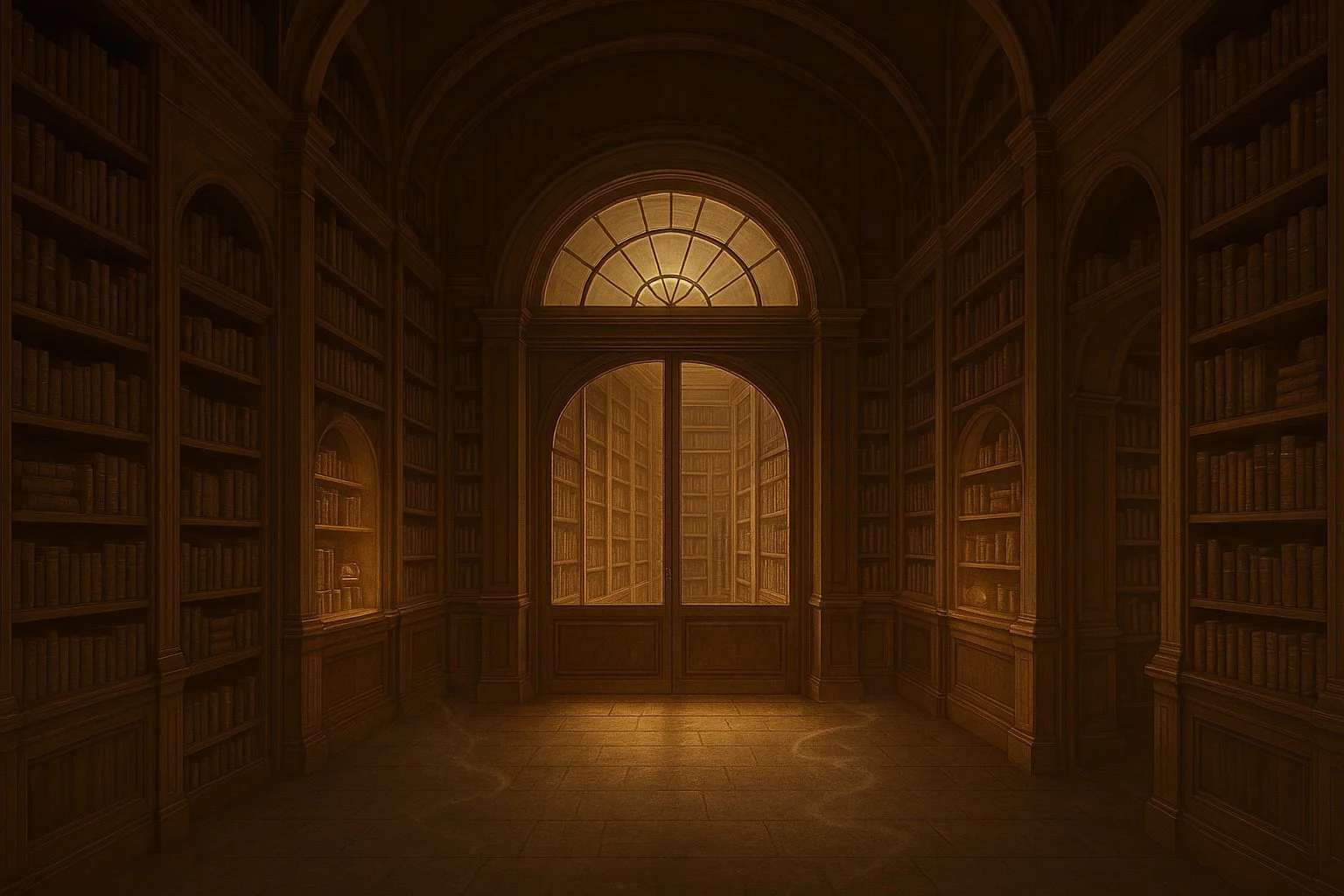 Dimly lit medieval library with arched wooden bookshelves and a large, arched window illuminating the room.