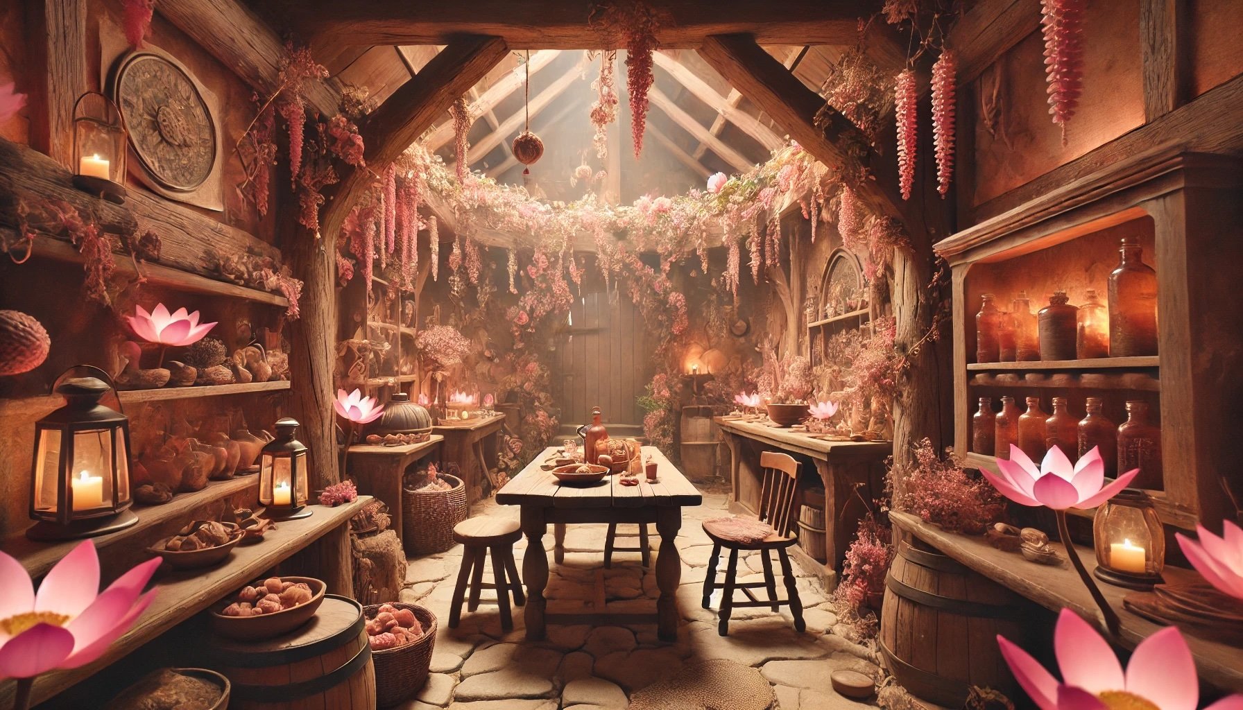 Cozy rustic kitchen with wooden furniture, hanging pink flowers, glowing lanterns, decorative lotus flowers, and shelves filled with jars and food items.