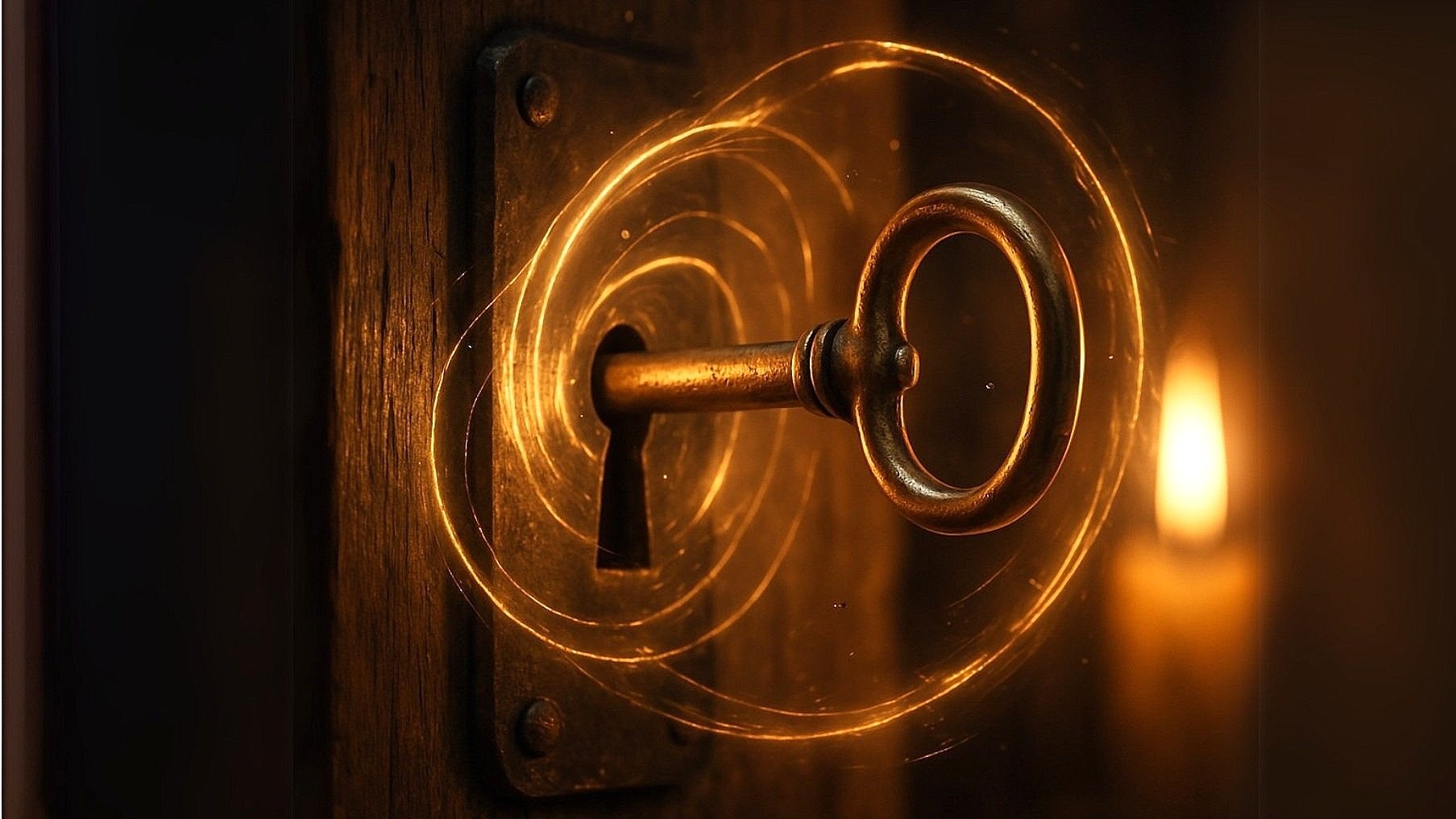 Glowing key in lock with swirling light