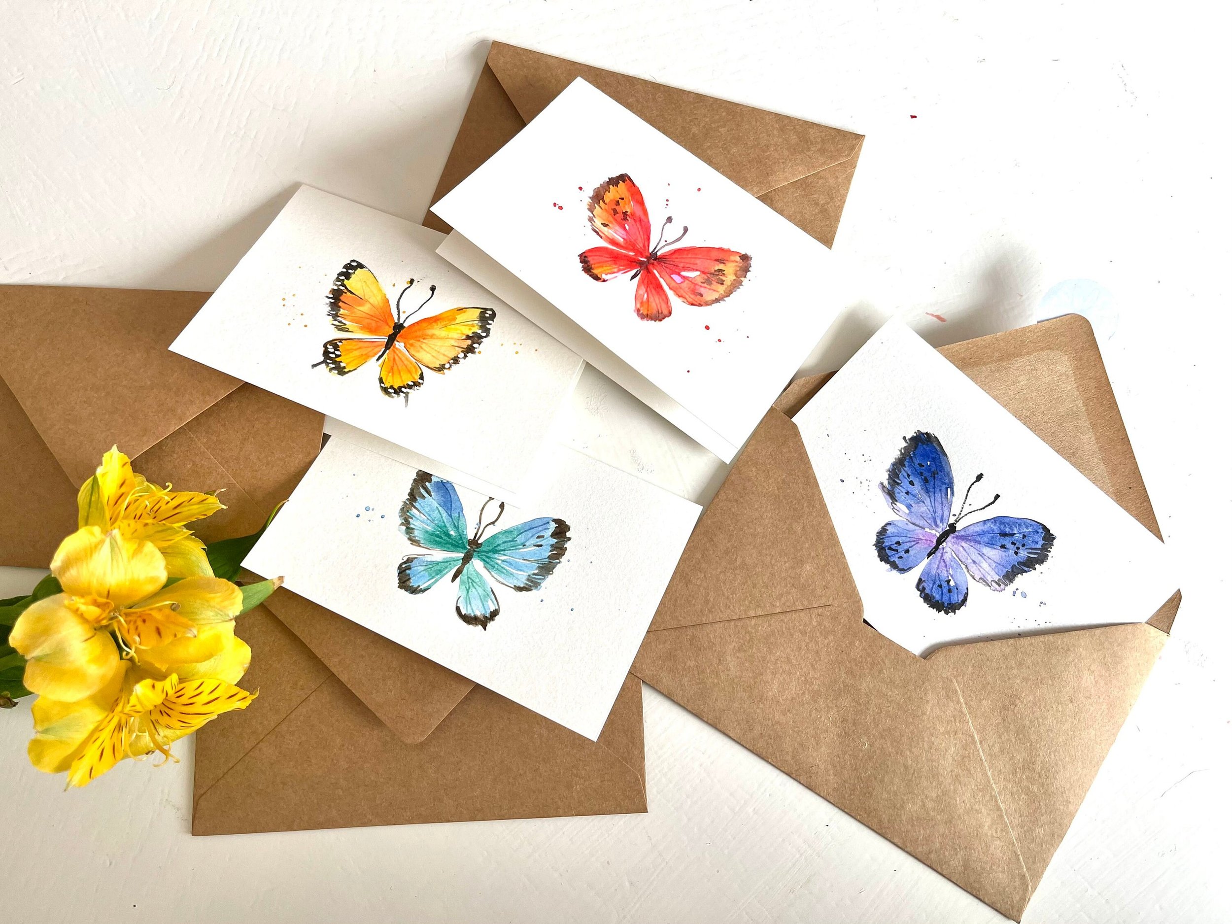 Handmade cards, original watercolor notecards with flowers, set of 3