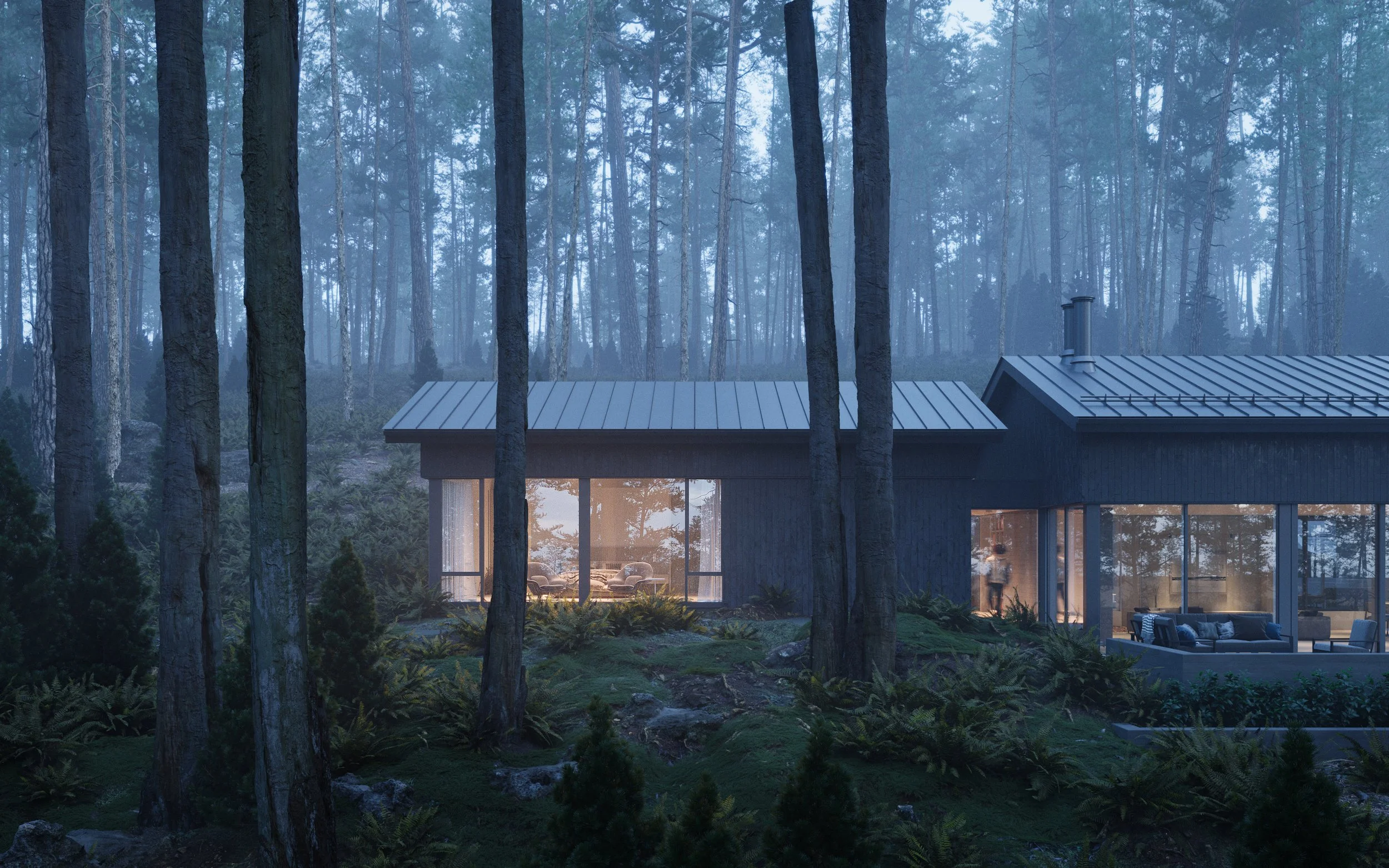 Custom home exterior in Nova Scotia with wood cladding and a metal roof set in a coastal forest