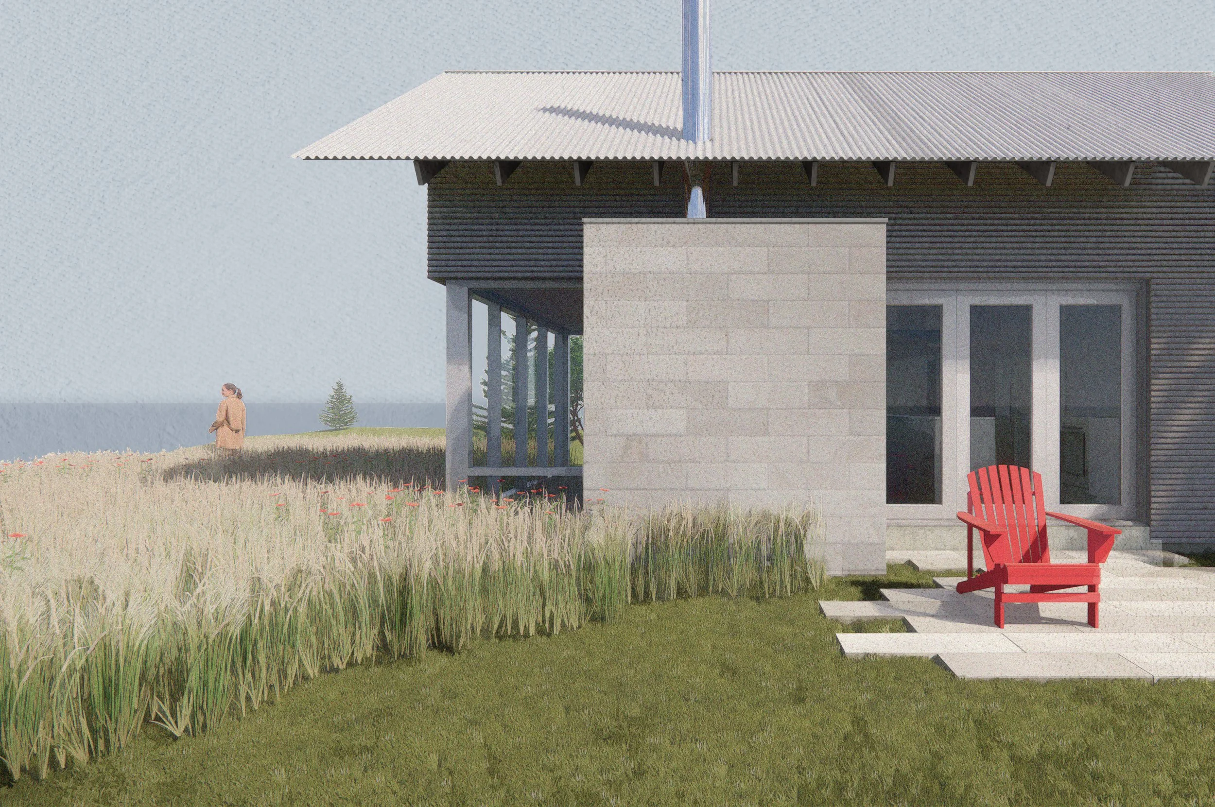 Custom cottage in a field in Nova Scotia by Place of Work, featuring traditional wood cladding and a modern metal roof