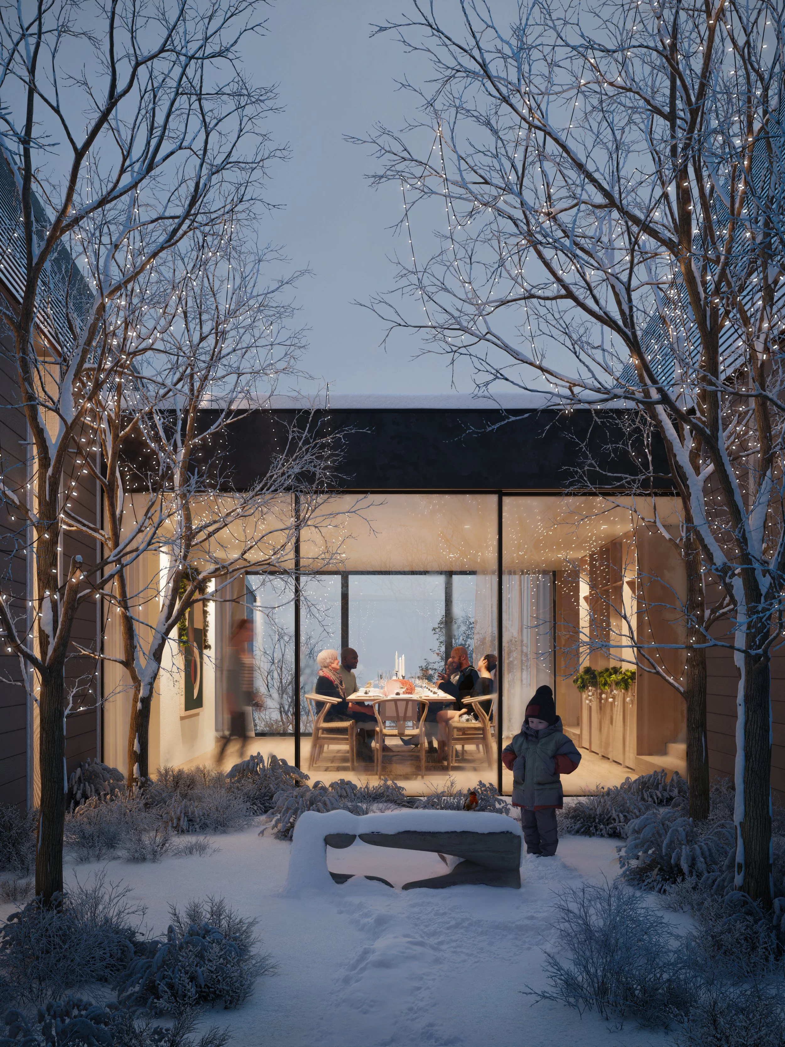 Winter exterior of a custom home in New Brunswick with views into a warm dining room and family gathering