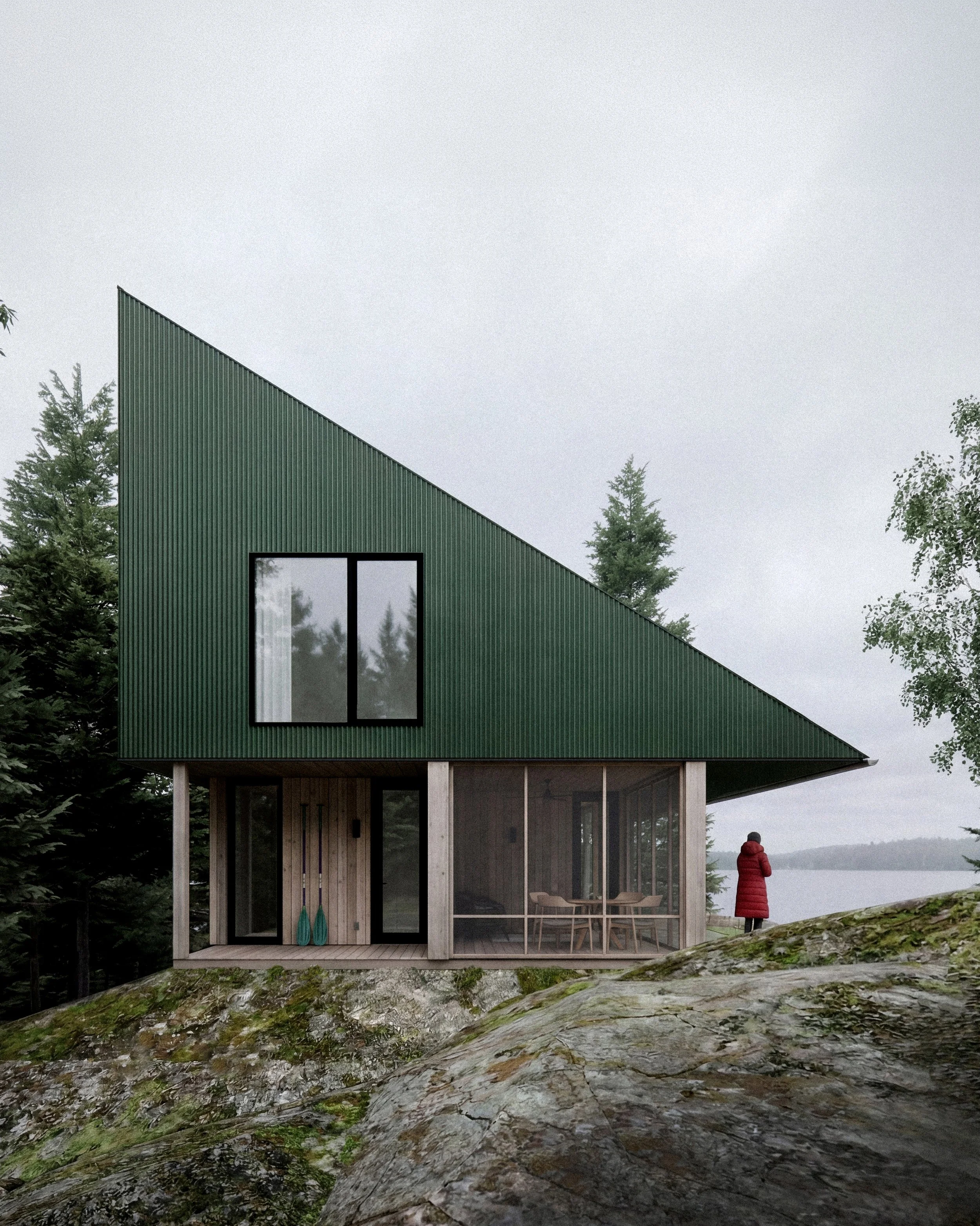 A camp on a cliff above a lake