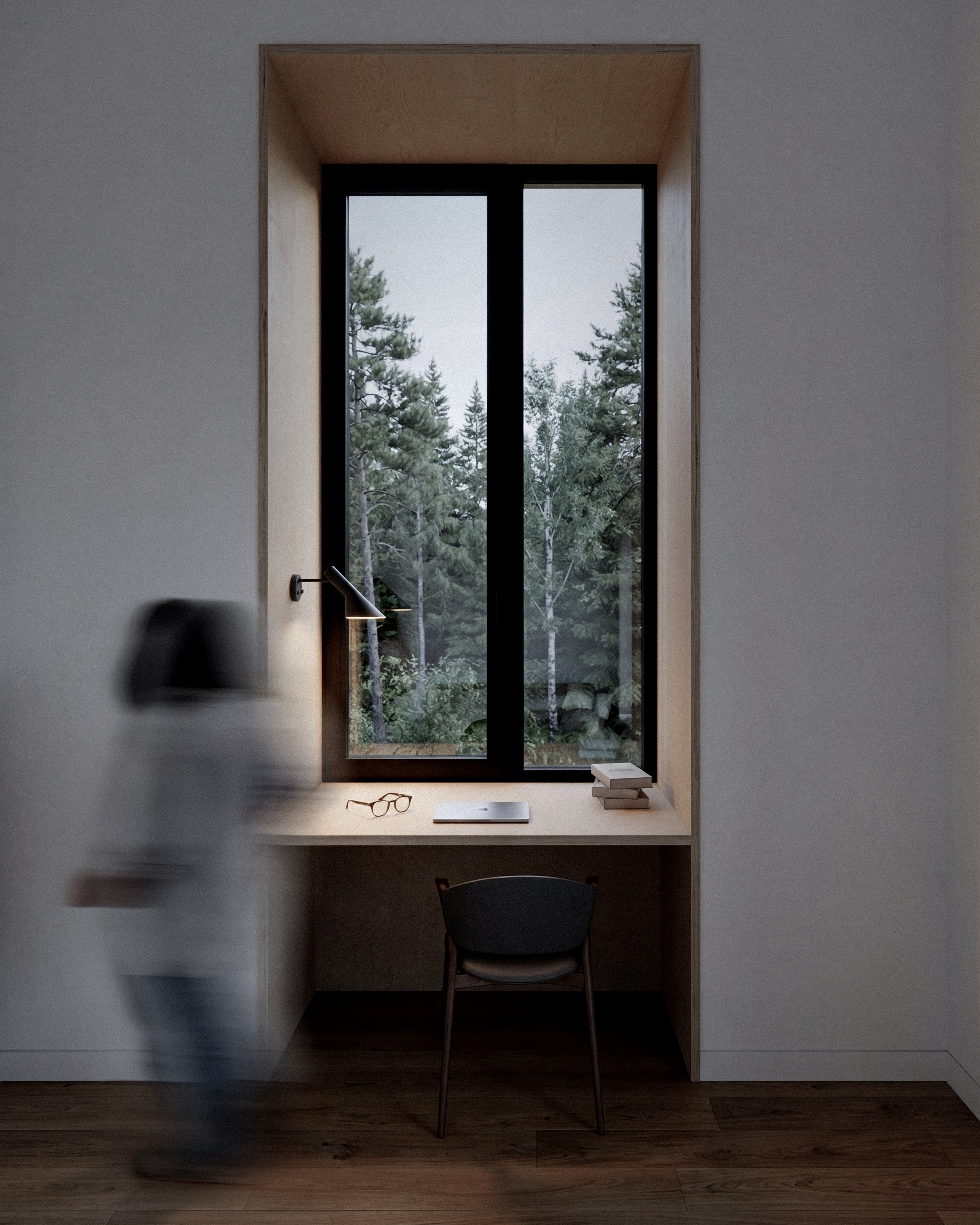 Contemporary interior of a forest cottage architecture project in Northern Ontario Canada by Place of Work featuring a window desk nook