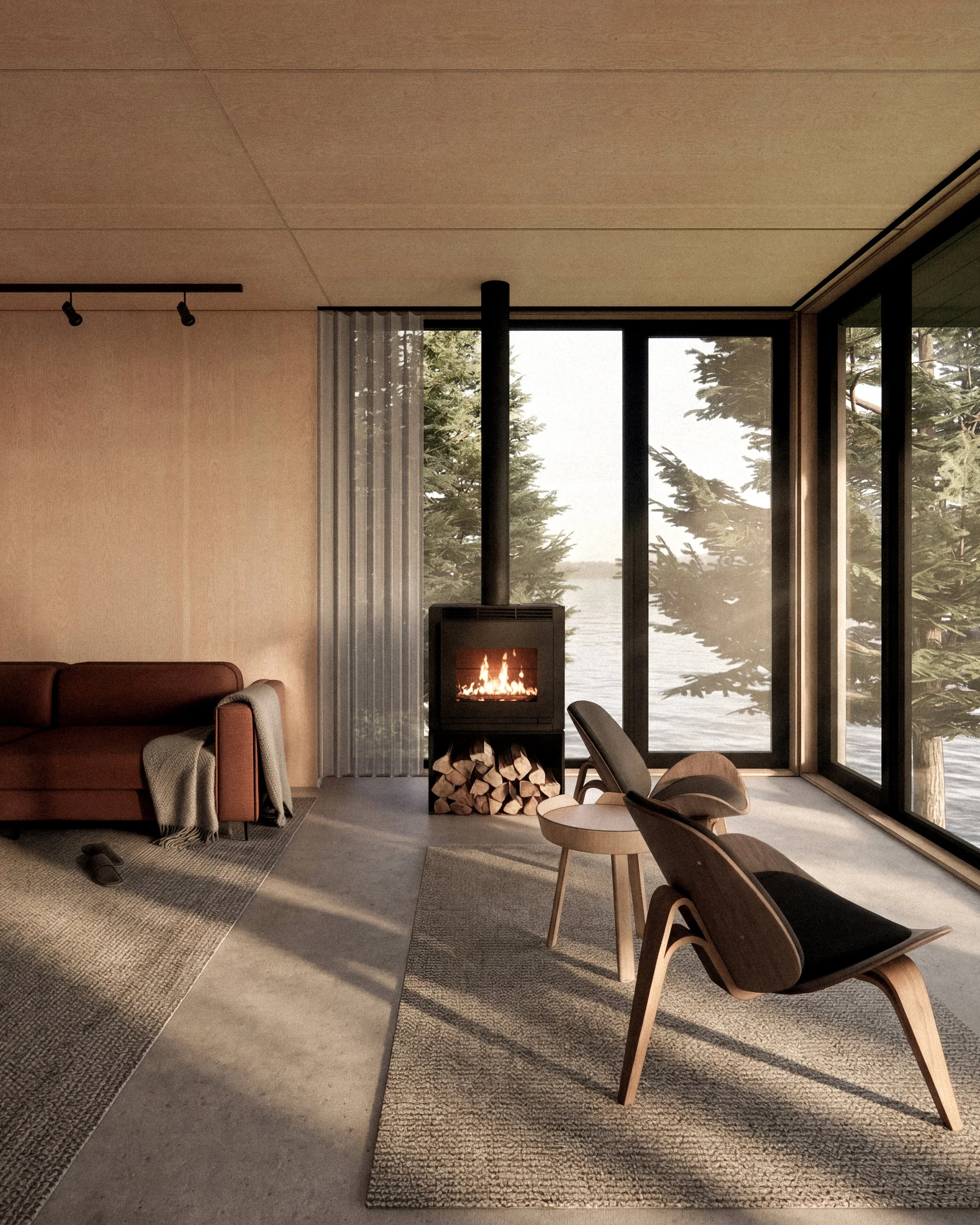 Contemporary interior of a lake cottage architecture project in Northern Ontario Canada by Place of Work featuring a wood stove
