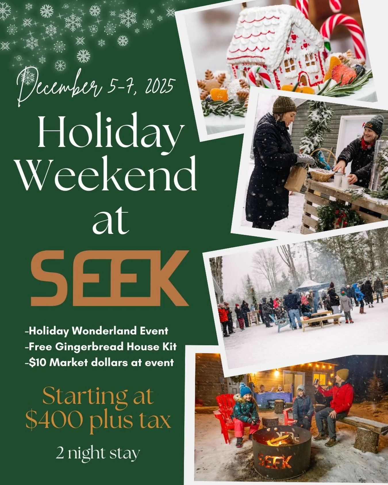 Join us December 5-7th for our Holiday Wonderland weekend at SEEK for a special weekend of festive fun! On every 2 night stay you will receive:
🎄Gingerbread Making Kit
🎁 A $10 voucher to use at our holiday event 
.
Join us for this weekend starting