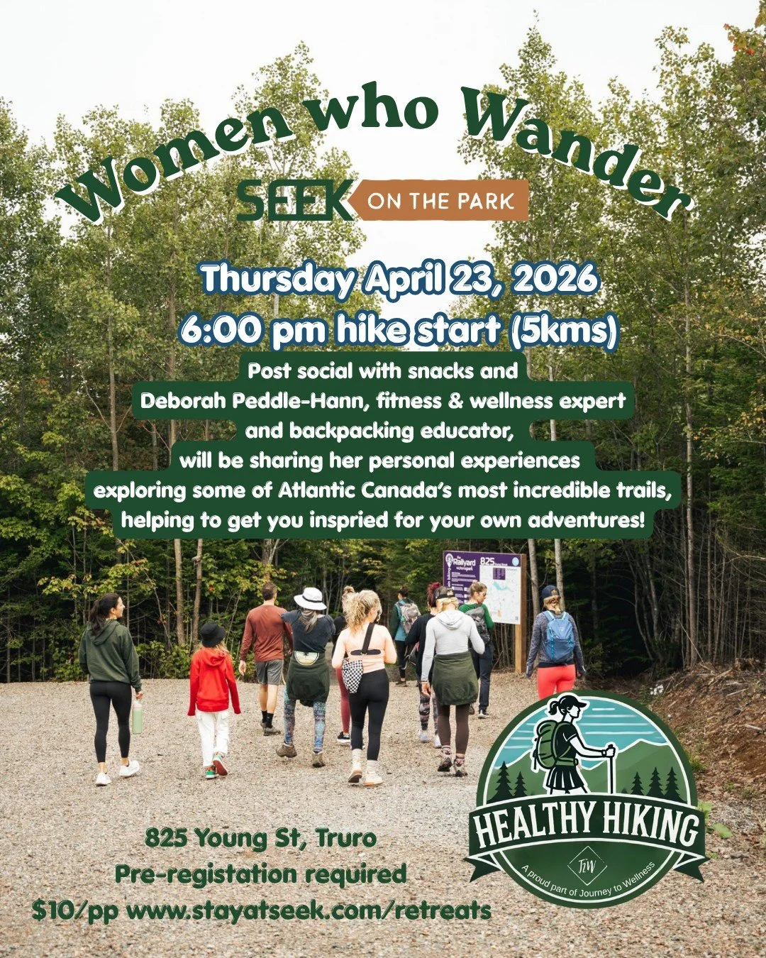 Our first Women who Wander event from SEEK is happening Thursday April 23, 2026 at 6pm from SEEK! We are so excited to partner with Deborah from Healthy Hiking for this special kick-off evening!
At 6pm we will head out on a 5kms hike from SEEK into V