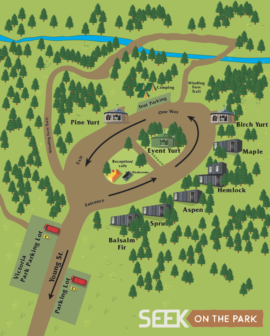Map of a park showing camping area, various yurts, cabins, trails, a river, parking lots, and surrounding trees.