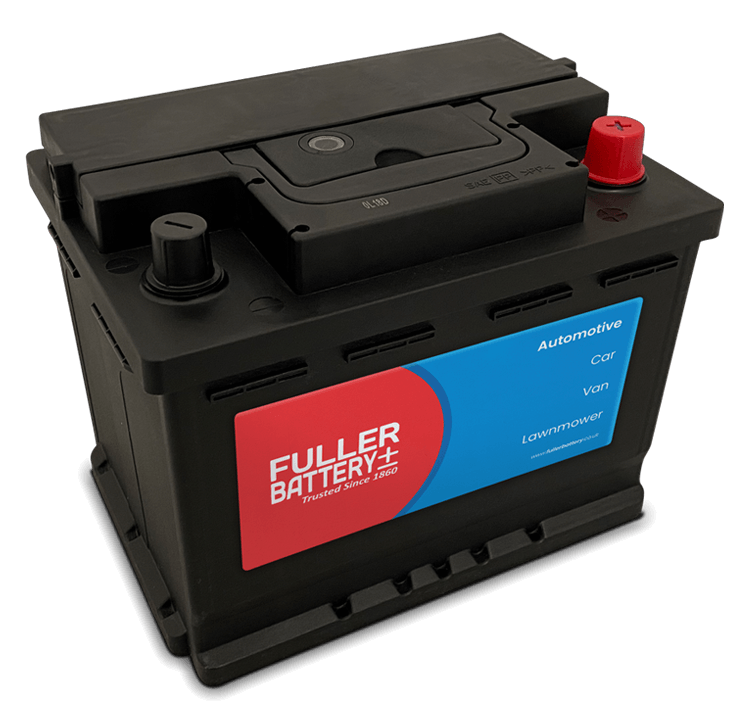 A car battery with a red positive terminal and a black negative terminal, labeled 'Fuller Battery' with mentions of automotive and lawnmower use.