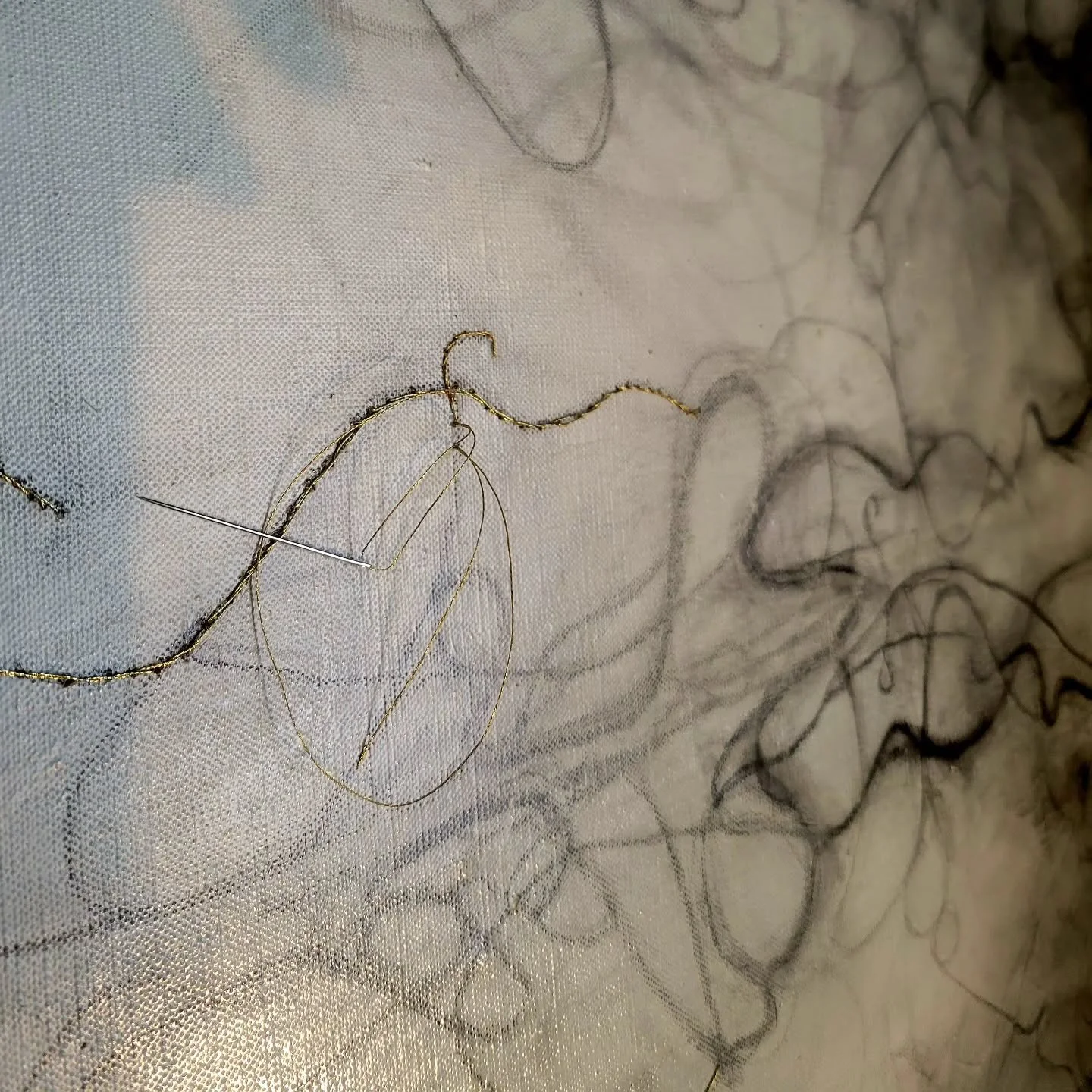 I am attending a long virtual meeting, and I am totally paying attention, but I am also totally embroidering a painting of a #cerebral #angiogram.

#graphite #oilonlinen