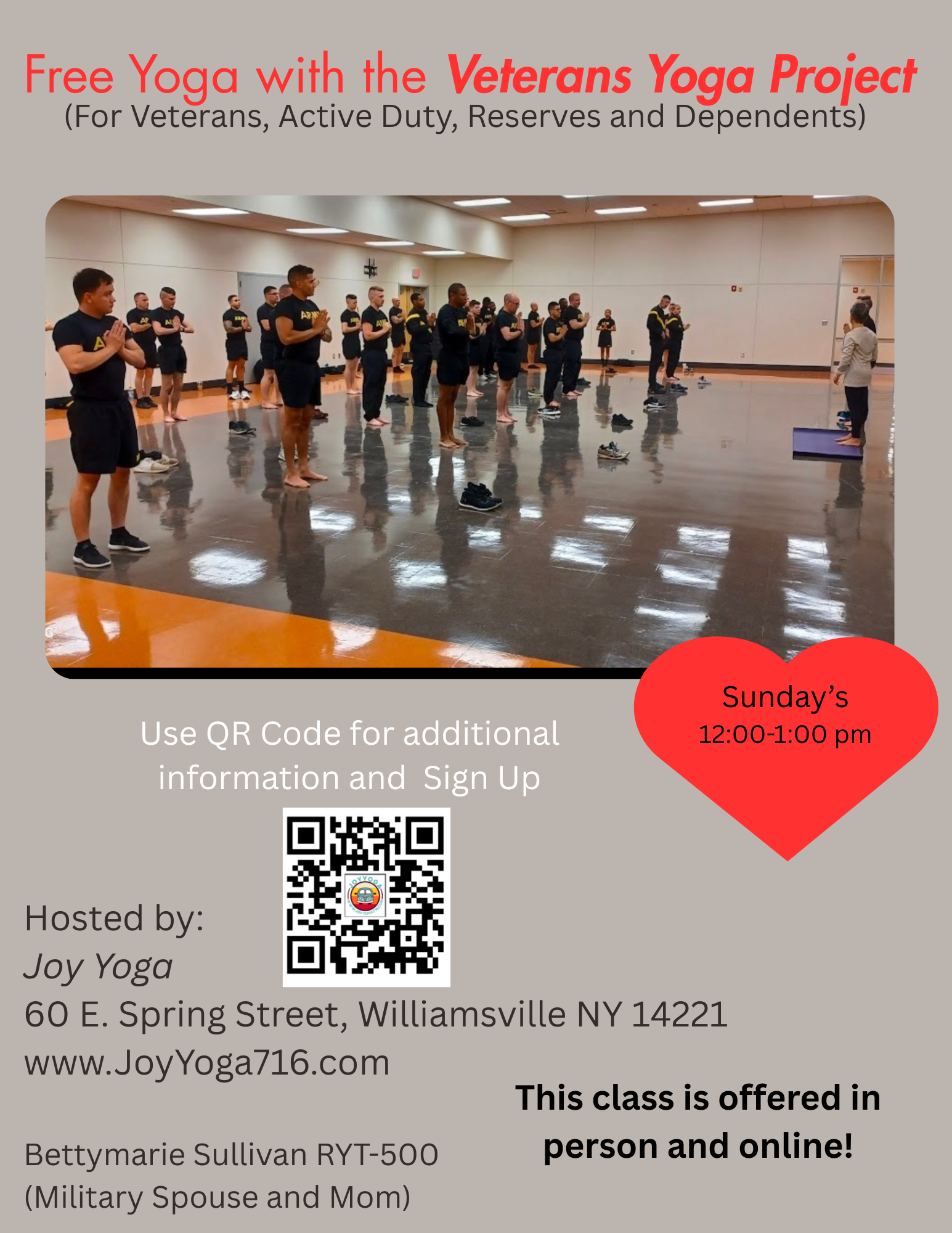 Flyer for free yoga class with the Veterans Yoga Project, showing veterans participating in a yoga session in a large room, alongside details about the event including time, date, location, and sign-up QR code.