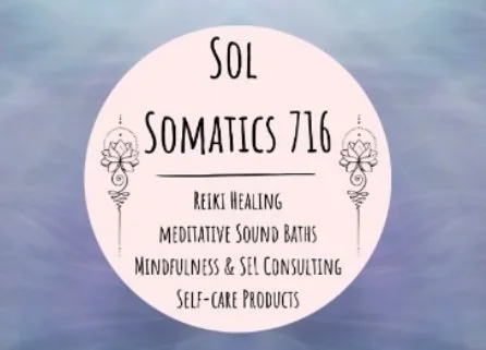 Business card for Sol Somatics716 with services like Reiki healing, meditative sound baths, and self-care products.
