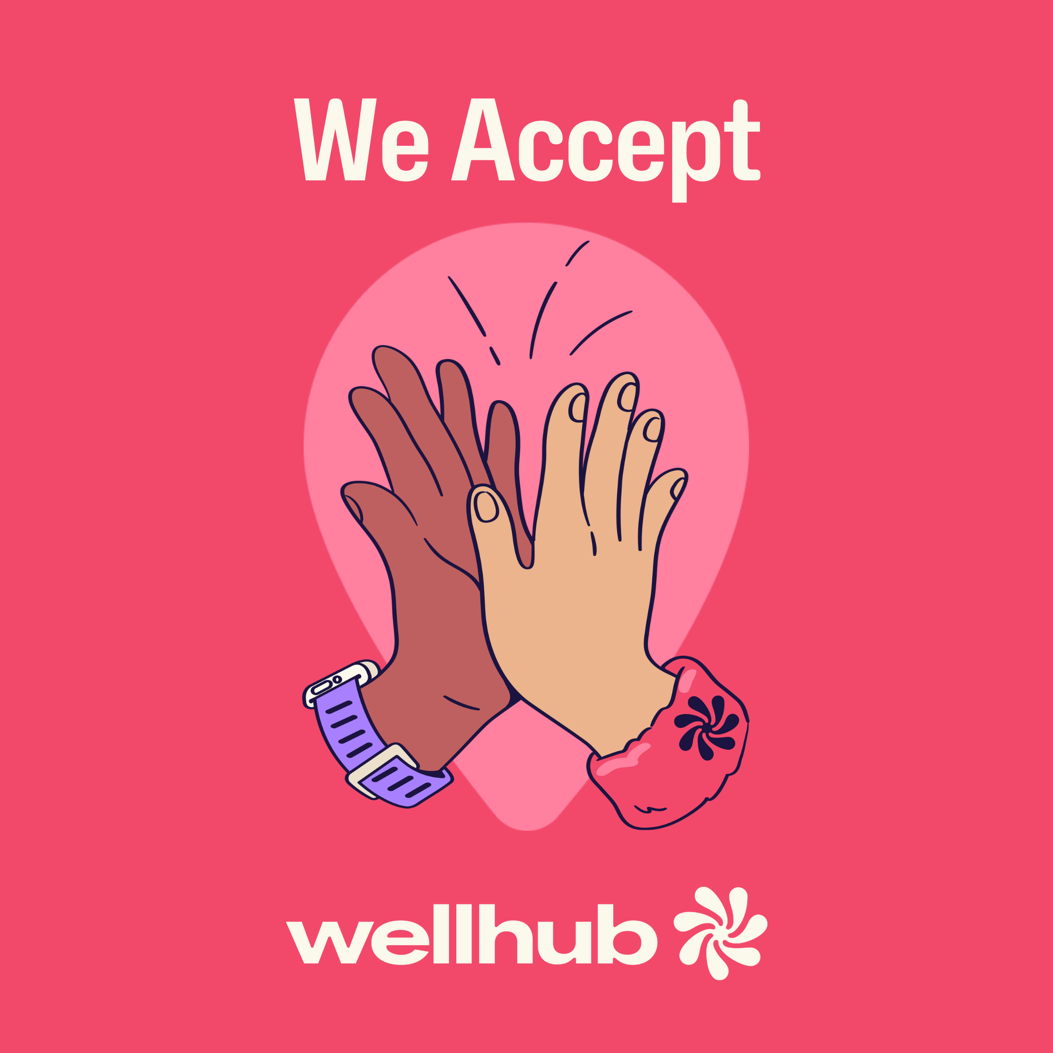 Illustration of two hands, one with a dark skin tone and a watch, the other with a light skin tone and a tattoo, giving a high five with sparks flying, with the text 'We Accept' above and the 'wellhub' logo below.