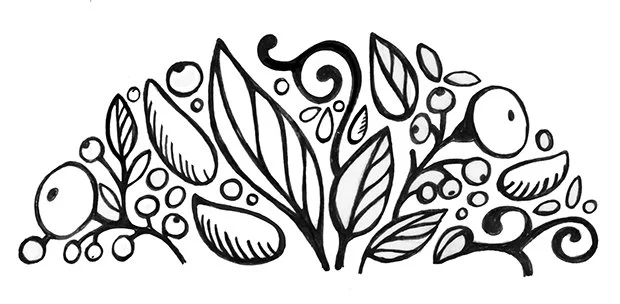 Abstract black and white doodle of leaves, swirls, and small circular shapes.