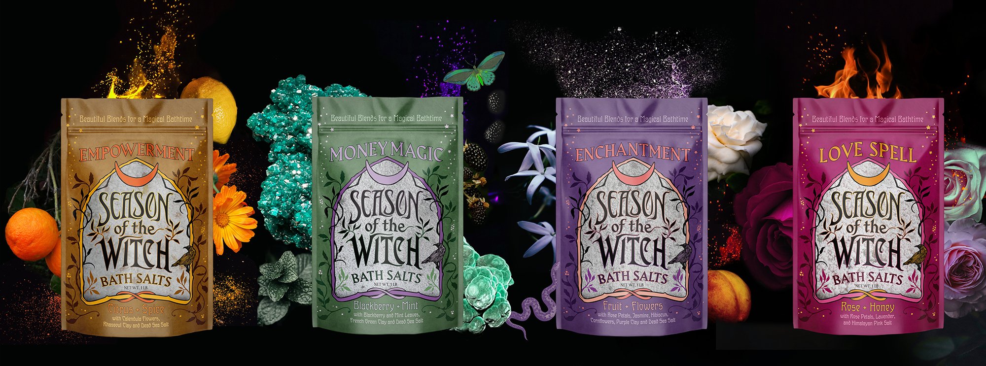 Package design for Season of the Witch bath salts. Hand lettered custom logo. Series is presented as a collage representing the product scents and ingredients.
