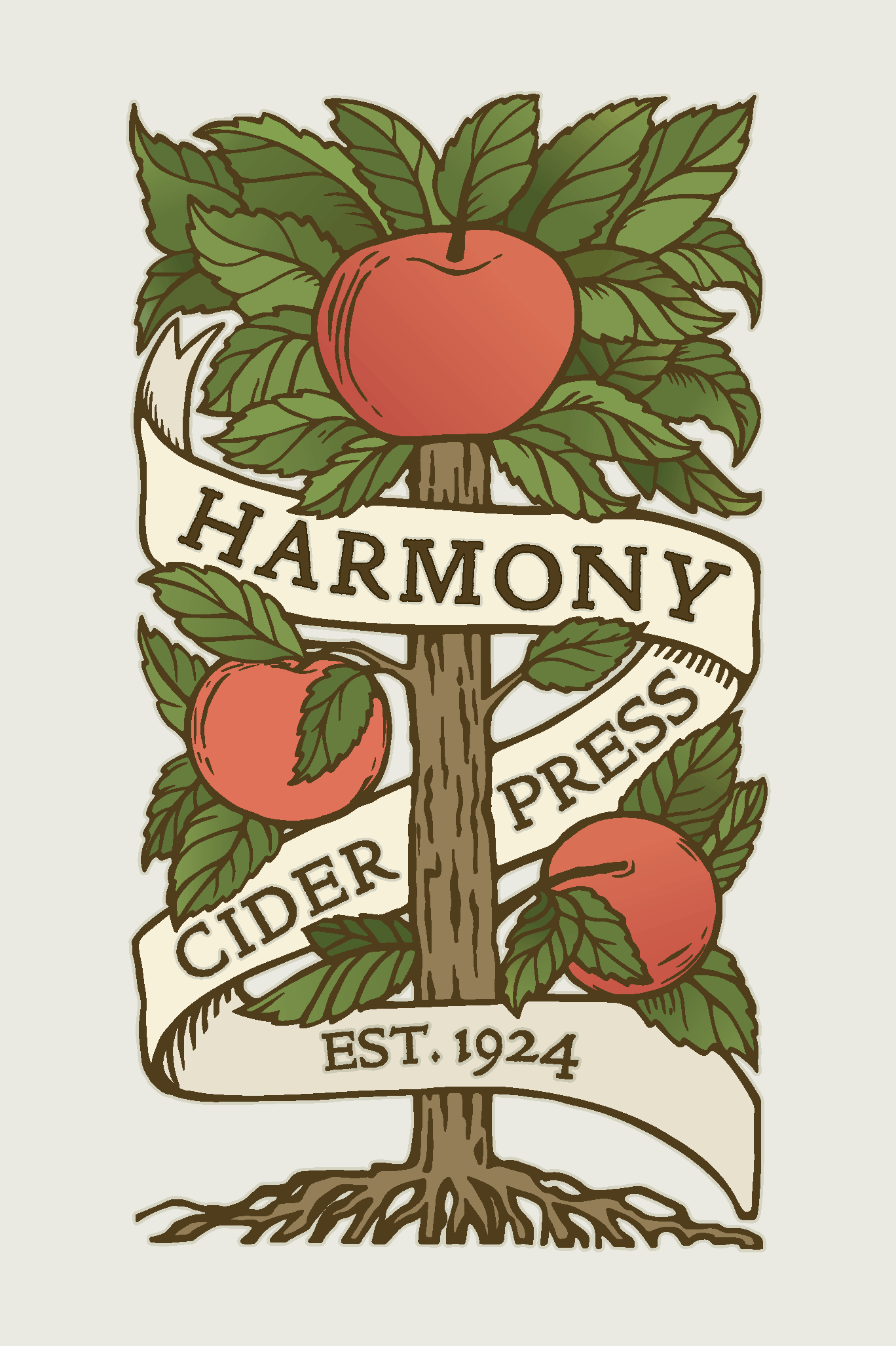 A vintage-style illustration of a tree with three apples and green leaves. A banner wraps around the tree with the words "HARMONY CIDER PRESS" and the text "EST. 1924" at the bottom.