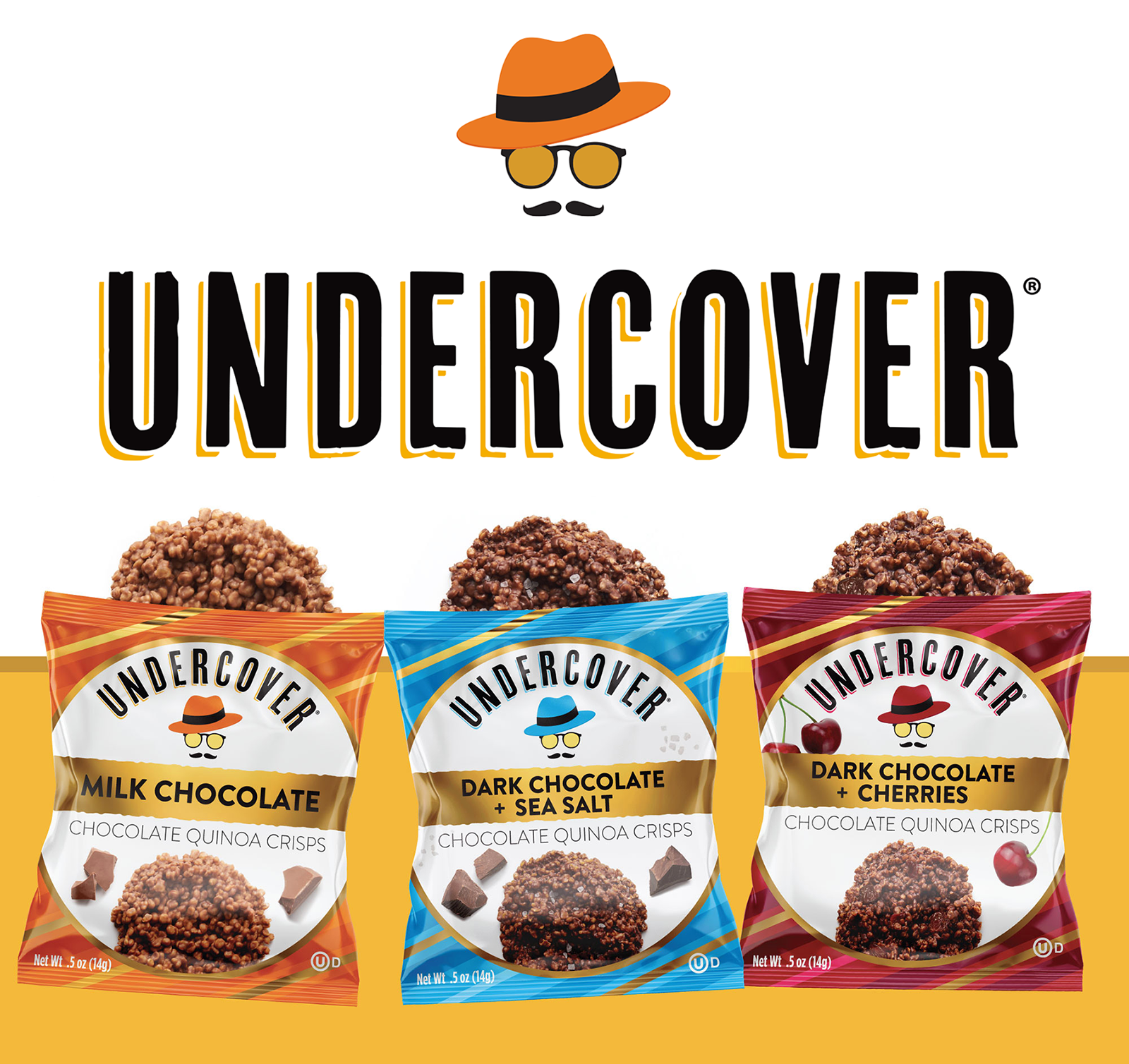 Package design for Undercover dark chocolate quinoa crisps. Orange, blue, and red packaging differentiate flavors, each featuring a Spy logo with glasses, a hat, and a mustache. Undercover logotype stretches across top.