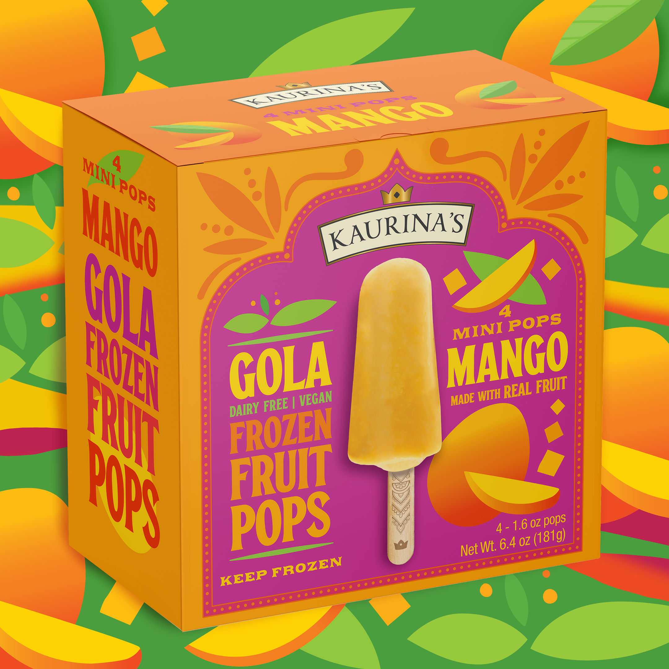 Box of Kaurina's Gola frozen fruit pops with mango flavor, showing a mango popsicle on the front, with a colorful mango illustration behind. Inspired by Indian food trucks. Diane Benjamin Design, Short Hills, NJ.