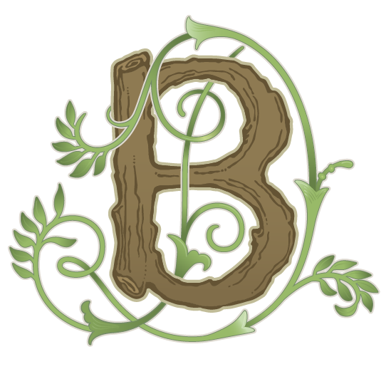Decorative letter B designed with a wood texture and surrounded by green vines and leaves.