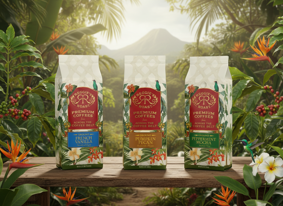 Reggie's Roast Across the Coffee Belt coffee bags with tropical foliage