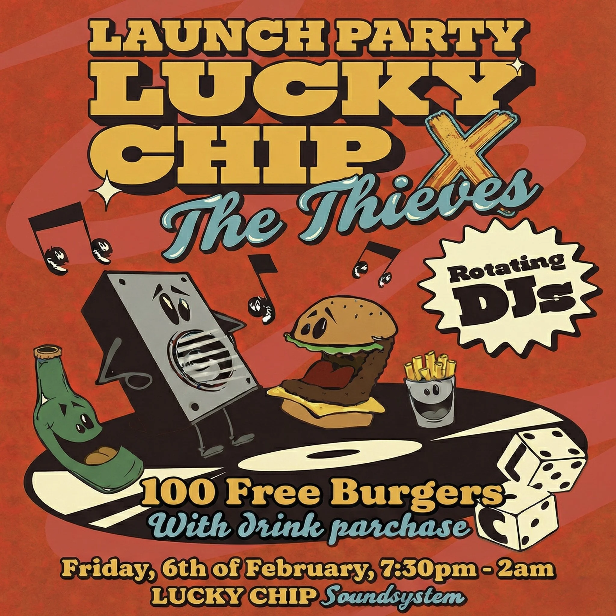 LUCKY CHIP LAUNCH PARTY - x100 free burgers!