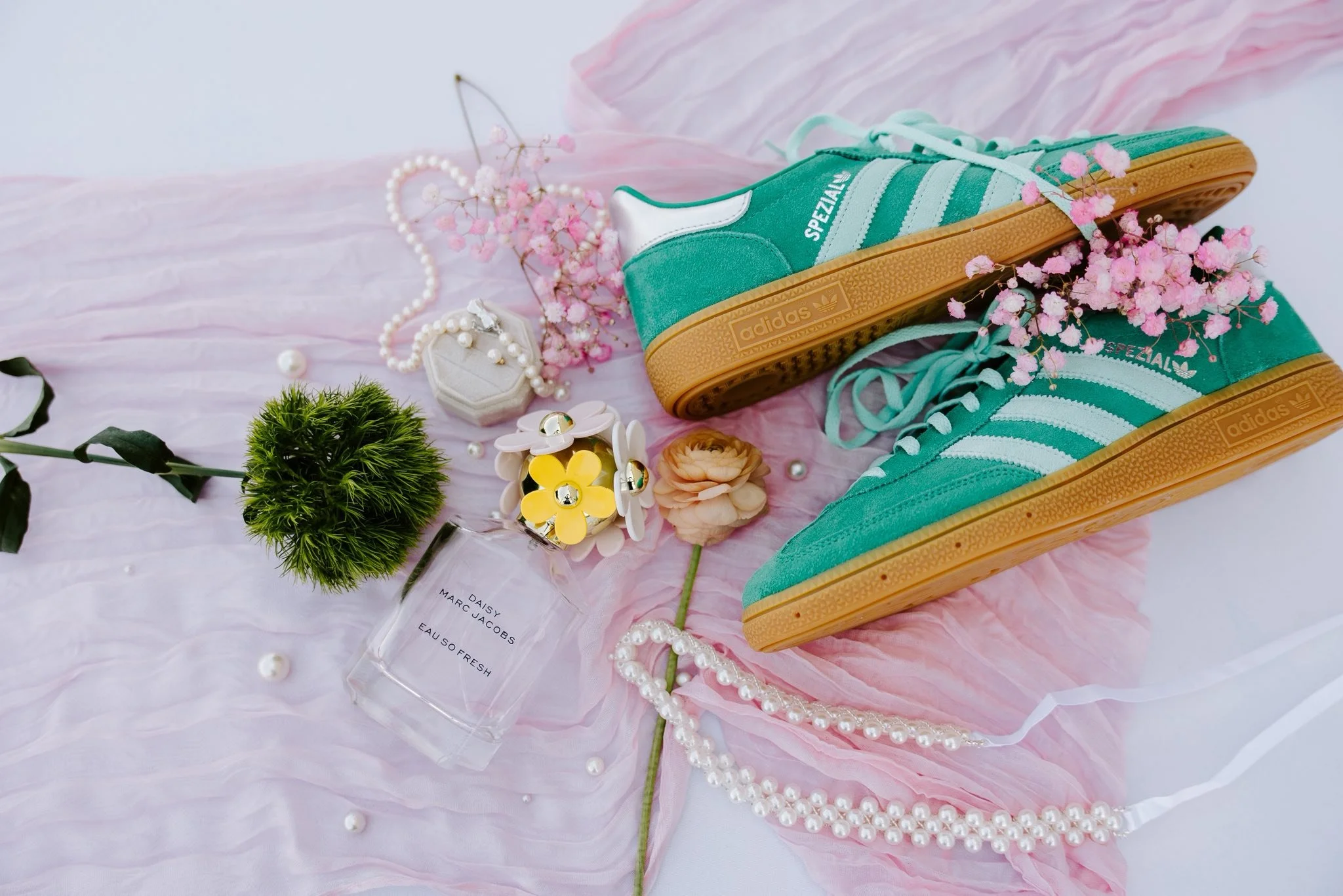 Green Adidas Wedding Shoes and Bridal Details Flat Lay