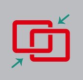 Two overlapping red interlinked squares with arrows pointing towards the link, symbolizing connection or linkage.