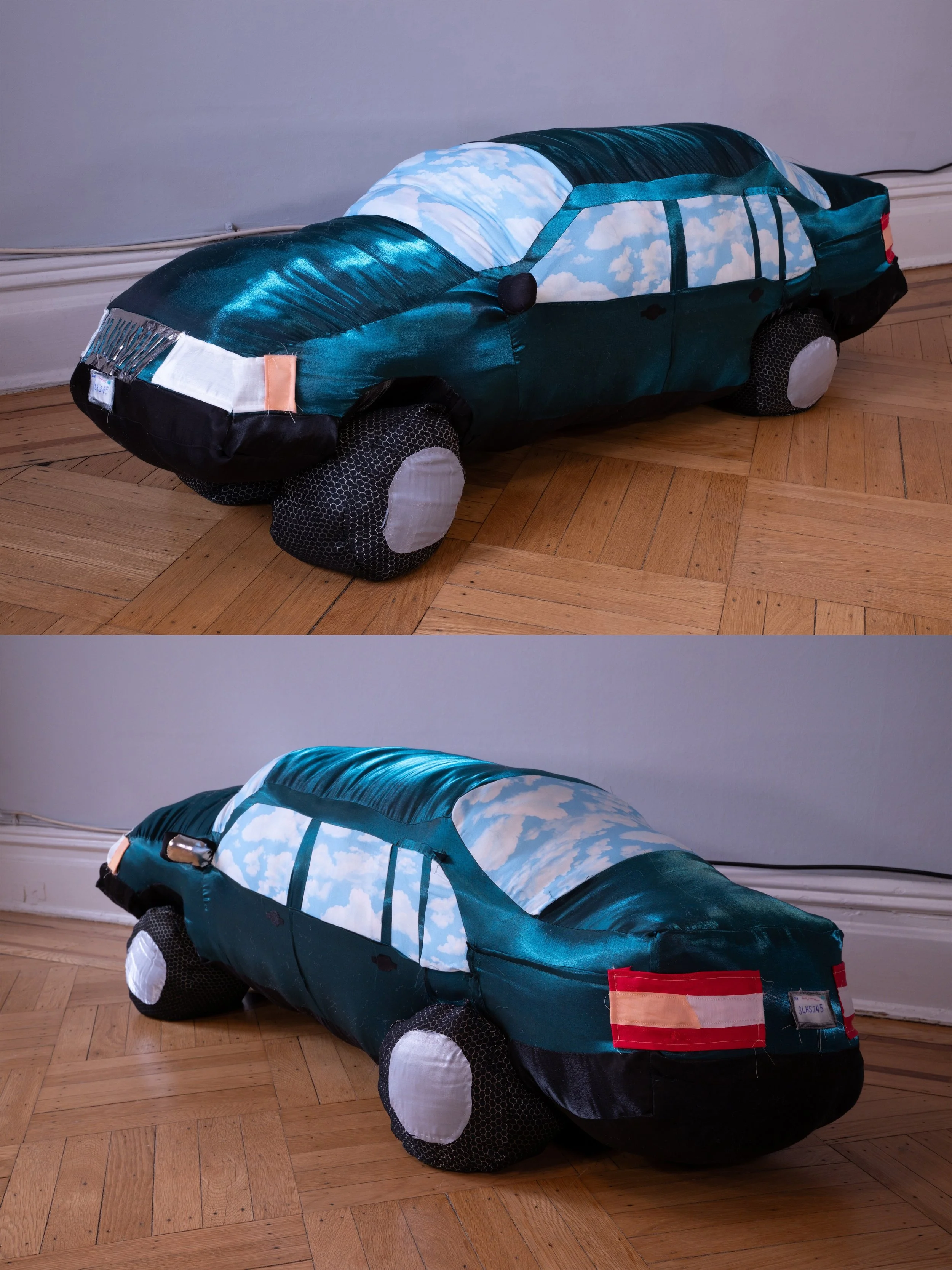 Security Object, 2025, Fabric, polyfil, thread, watercolor, ballpoint pen, 17" x 49" x 14"