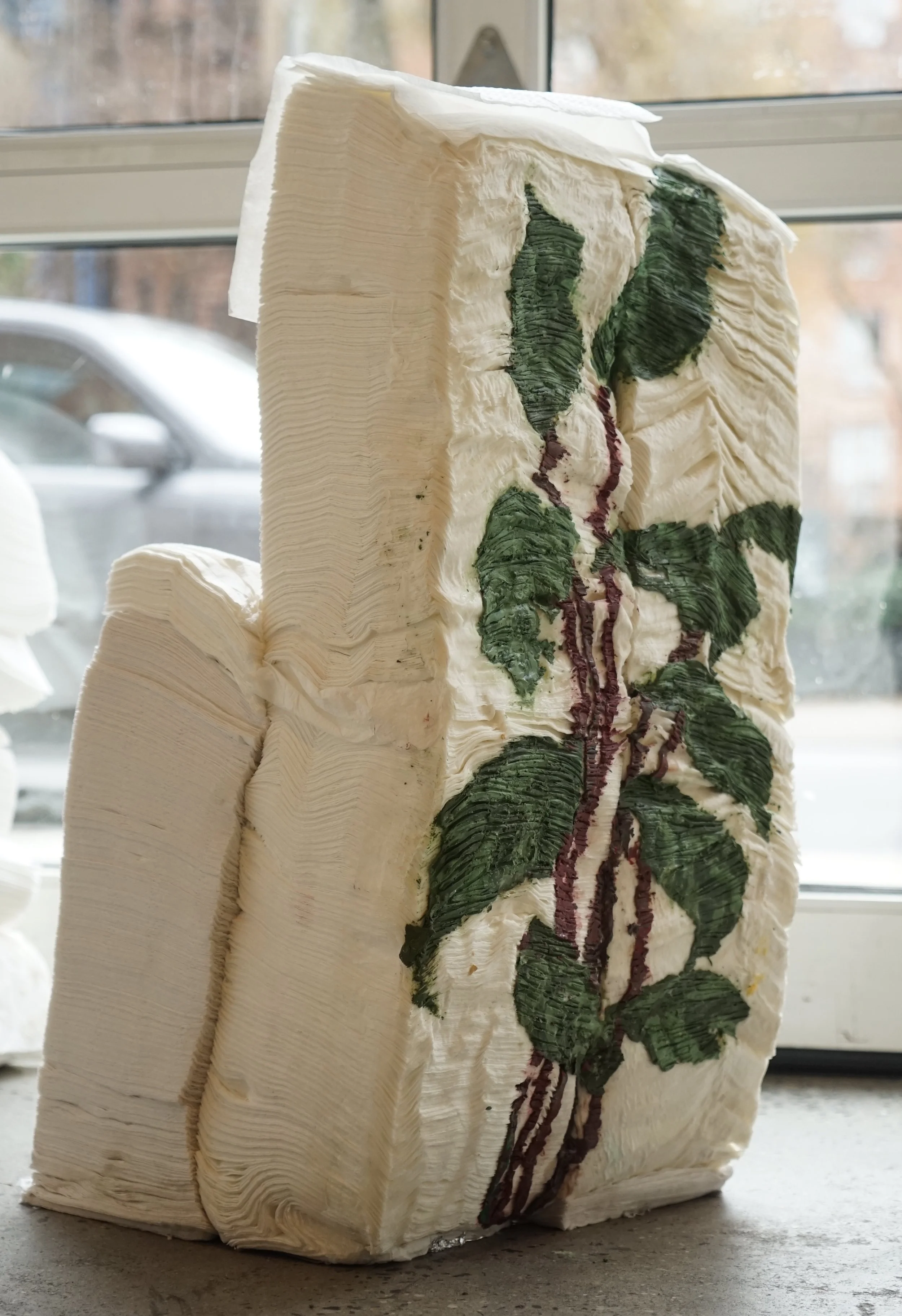 Indoor Plant, 2020, paper napkins, glue, magnets, Sculpey clay, 12" x 12" x 29"