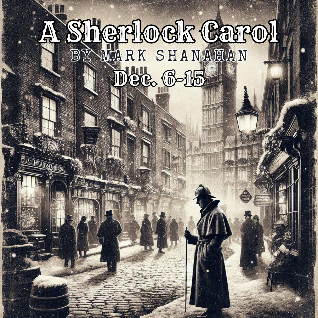 Black and white illustration of a snowy London street scene from Sherlock Holmes era, with cobblestone street, Victorian style buildings, a man in a long coat and hat holding a cane, Big Ben in the background, gas lamps, and snow falling.