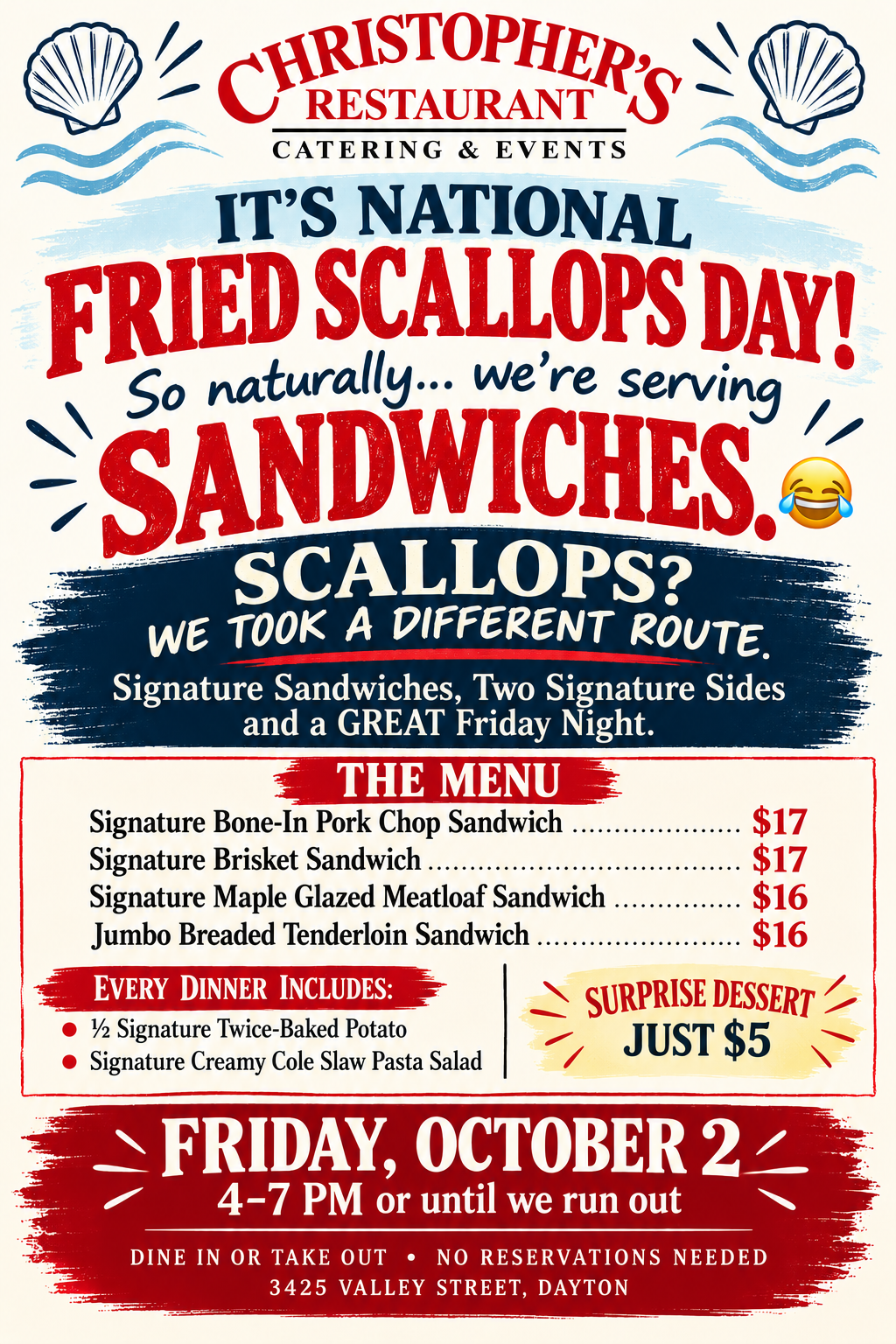  Friday, October 2 • 4–7 PM or until we run out!   IT’S NATIONAL FRIED SCALLOPS DAY!