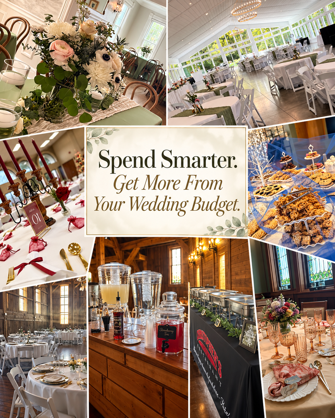 Vertical collage of elegant wedding receptions, tablescapes, buffet service, drink stations, and dessert displays with the headline “Spend Smarter. Get More From Your Wedding Budget.”