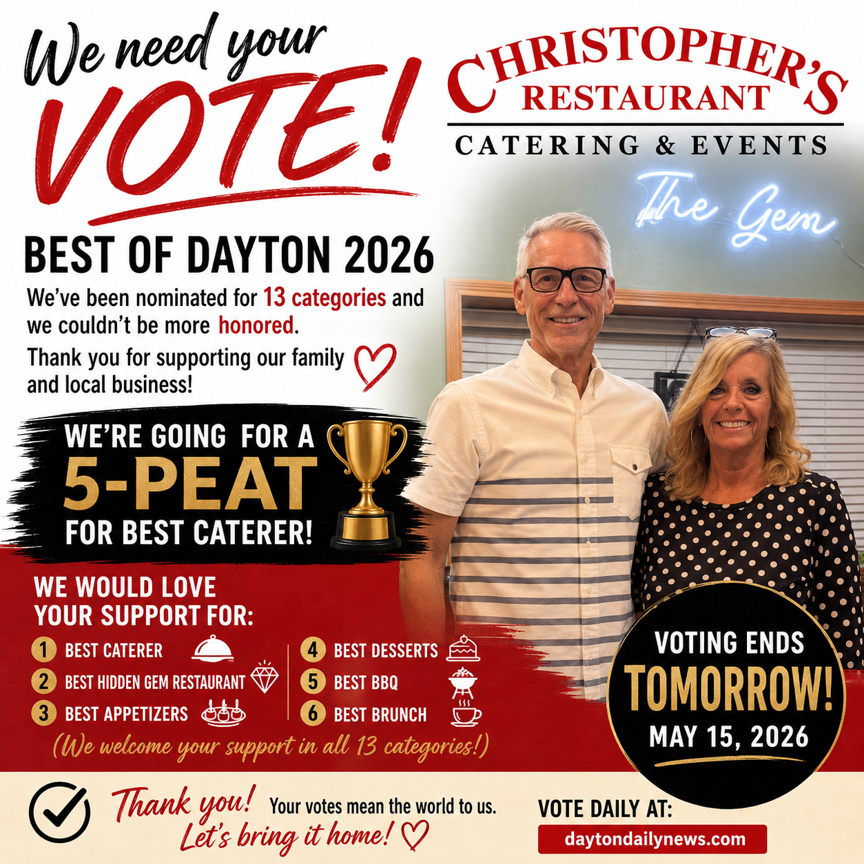 Vote for Christopher’s Restaurant, Catering & Events in Best of Dayton 2026. Help us bring home a 5th straight Best Caterer award and support local.