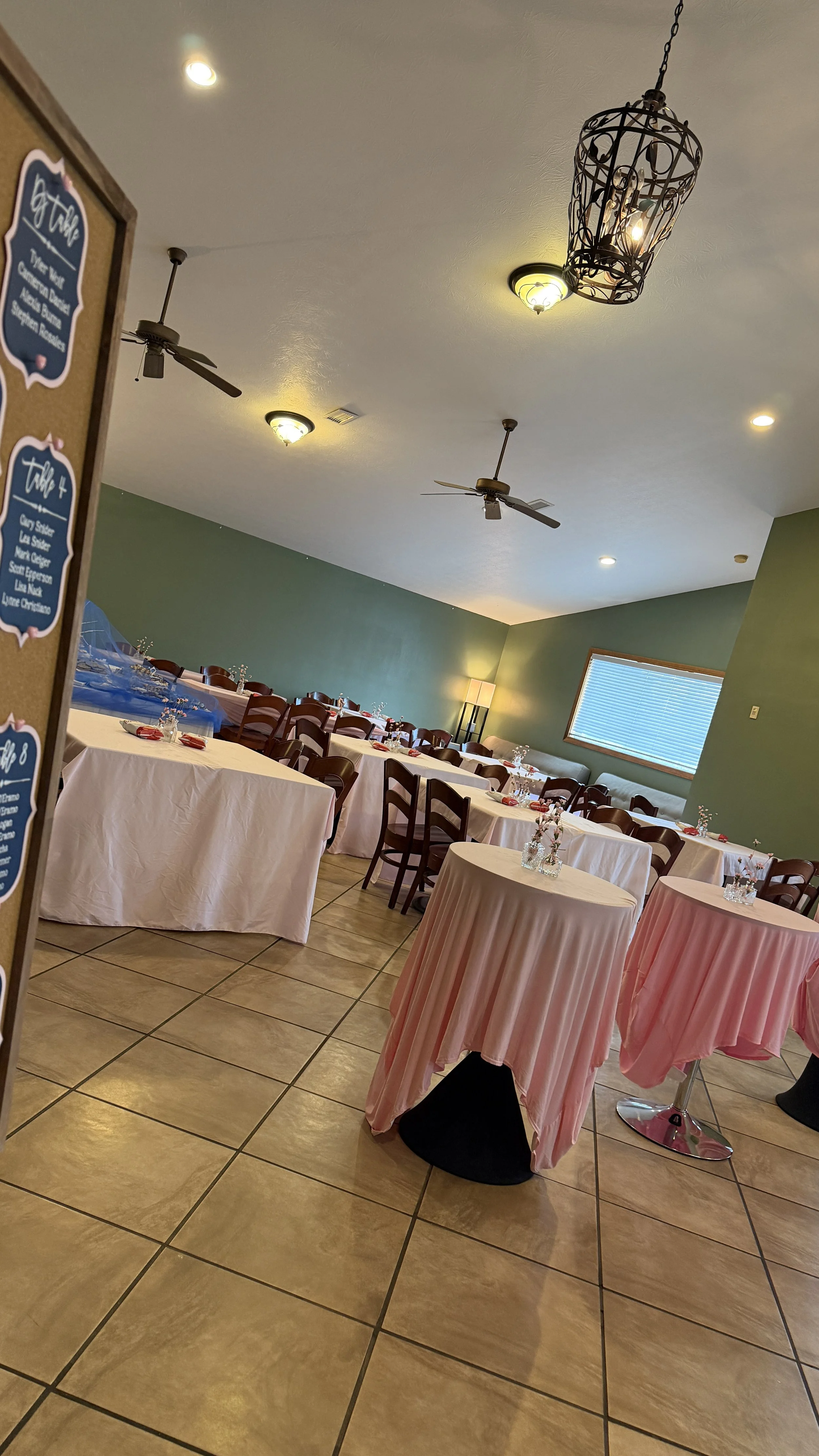 The Green Room at The GEM by Christopher’s in Dayton, Ohio, set for a private event with decorated tables and seating